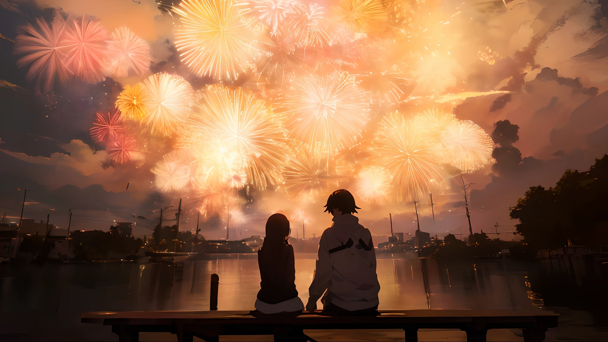 Fireworks in the sky with two people sitting on a bench, guweiz and makoto shinkai, ( ( By Shinkai Makoto ) ), sakimichan and makoto shinkai, ross tran and makoto shinkai, [ Fireworks in the sky ]!!, sparklers, By Shinkai Makoto. - H 2160、frombelow、