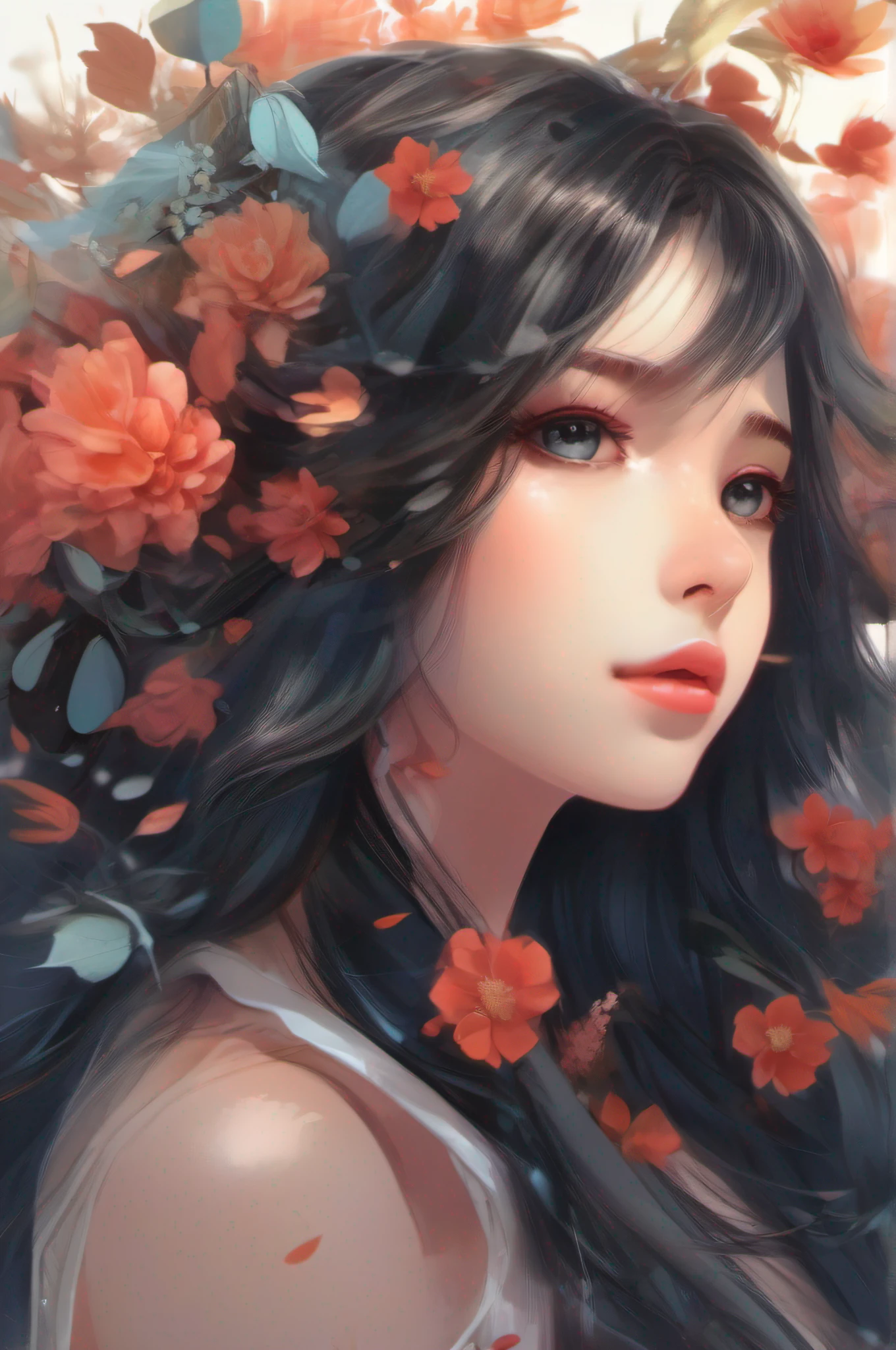 anime girl with long black hair and flowers in her hair, an anime drawing by Yang J, pixiv contest winner, Fantasy art, Detailed digital anime art, style of anime4 K, detailed portrait of an anime girl, Beautiful anime artwork, Anime art wallpaper 4k, Anime art wallpaper 4 K, a beautiful anime portrait, Digital anime illustration, Anime style illustration