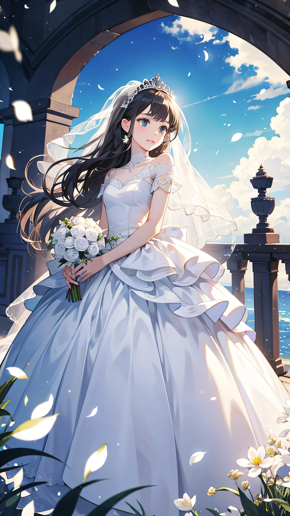 ((best quality)), ((masterpiece))  WEDDING PRINCESS DRESS, light ray, lens flare, white petals, long coated cat, exotic