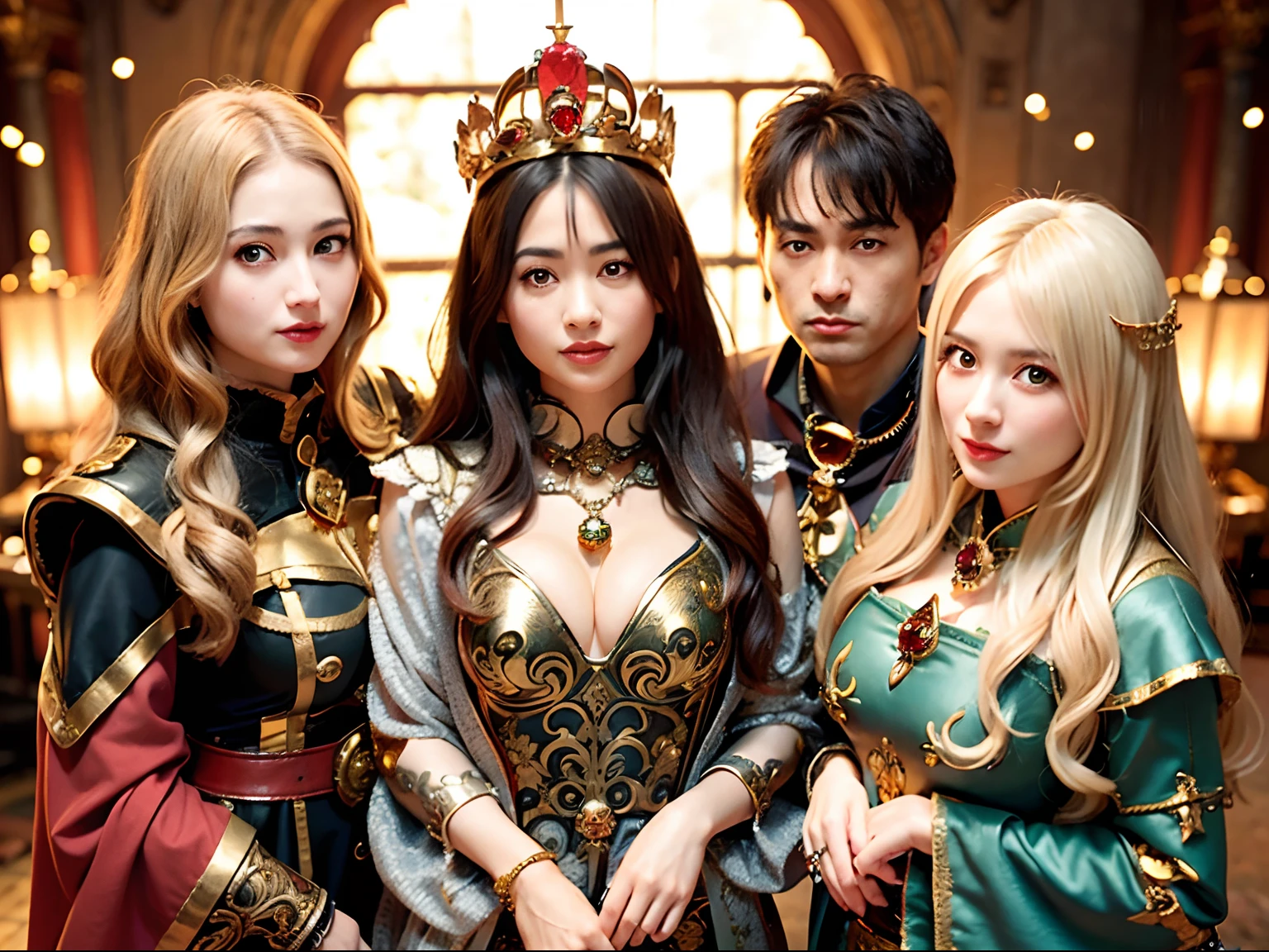 (masutepiece), Professional , masterpiece、top-quality、photos realistic , depth of fields (Gemstone Silver Metal Body:1.9),(Matte Red、Jewel Gold Weapon(Jewel Metal Body:1.4),(Gorgeous metal weapons) , Detailed Sword of the Brave , Beautiful knife ,warhammer 40k , adepta sororitas,(a blond),Detail and ornate jewel crown、Golden hair、Gangle's forest background、Beautiful Caucasian beauty、1a person、dynamic ungle,(((Detailed and ornate diamond crown)))、Smaller head、A smile、Powerful poses、Background inside the castle、Thin and beautiful female hands、Old ancient ruins、A smile、cleavage of the breast、Small particles of light、