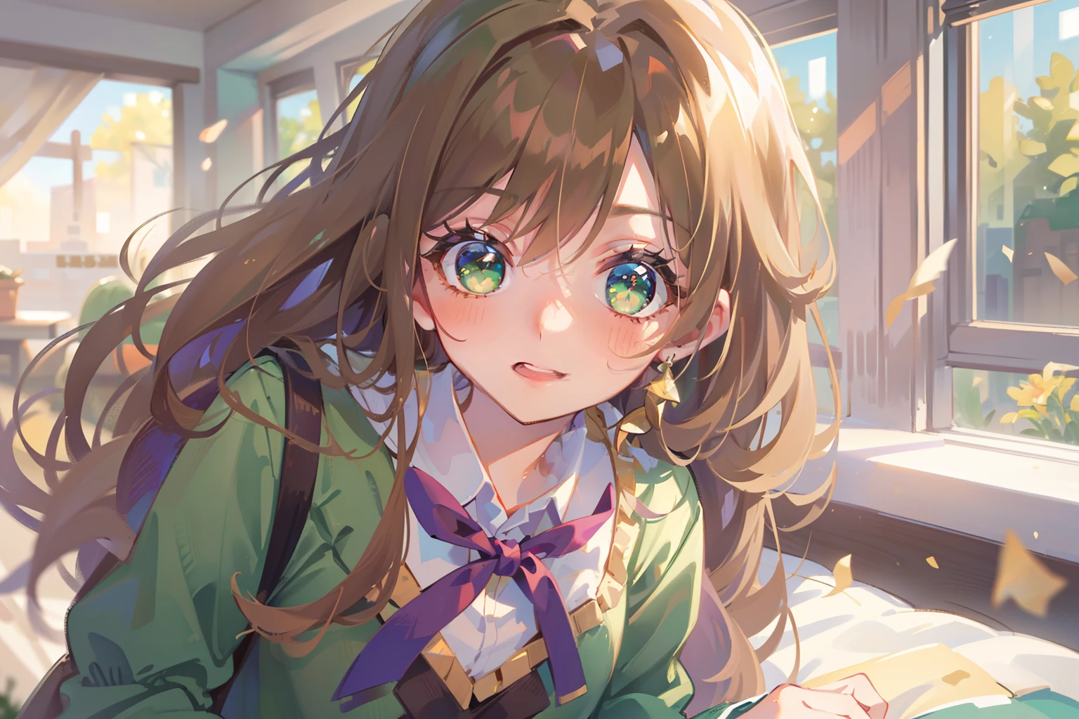 (masterpiece), best quality, beautiful detailed hair detailed face, ultra high res, sharp focus, ((ung woman, solo)), (warm pastel color), high saturation, perfect feminine face, upper body, medium close-up, dutch angle, (at the morning time:1.5), in the school, ((beautiful shape eyes, green eyes)), chesnut brown har, long hair, smiles, (highschool uniform:1.2)