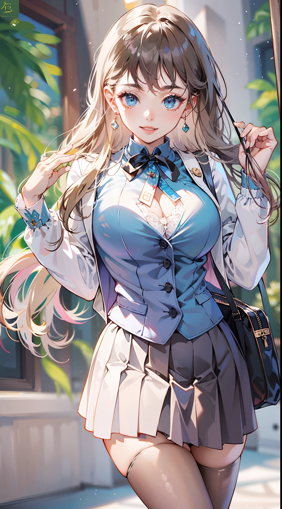 ulzzang -6500-v1.1, (Raw foto:1.2), (Photorealsitic:1.4), a beautiful detailed girl, extremely detailed eye and face, Beautiful detailed eyes, Ridiculous, Unbelievably ridiculous, huge filesize, ultra-detailliert, hight resolution, ighly detailed, top-quality, ​masterpiece,, ((Slender figure with big breasts)),gravure, ighly detailed, nffsw, unification, 8kwall paper, splendid, finely detail, ​masterpiece, top-quality, Highly detailed ticker uniform、8K、wall-paper, Light on the Face、电影灯光、24-year-old girl、((Body type of slender model))、((dynamicposes)))、(A big smile)、(Transcendent Beautiful Girl)、A dark-haired、(Random hairstyle)、((dunhuang_doress))、Whole human body、stick out buttocks、Depicted mainly on the buttocks、Big  with tension、I can see the cleavage、schools、‎Classroom、Dark blue suit、White tight skirt、White shirt、Black 、