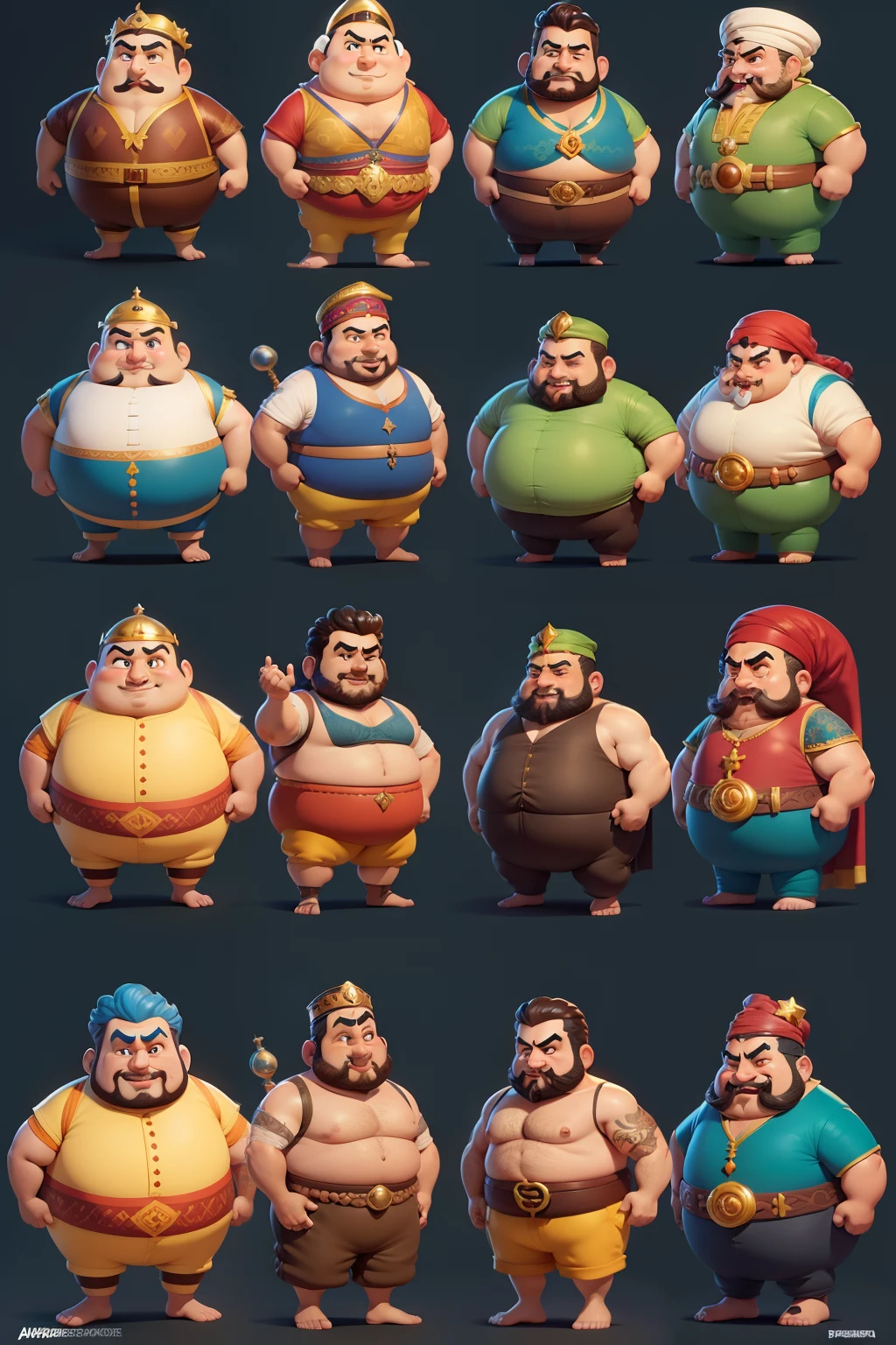 character design sheet, full body of a humorous prankster chubby middle eastern man in 1001 arabian night wardrobe, different angles, in a style pixar bobble head art, character concept