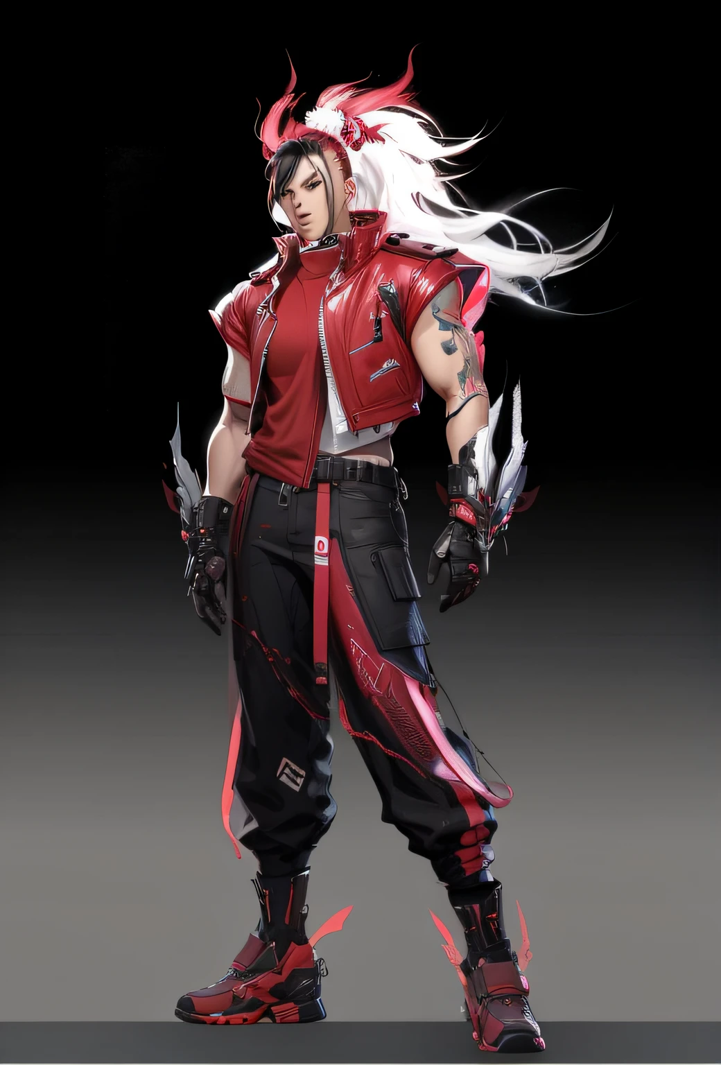 a close up of a person in a red jacket and black pants, ( ( concept art of character ) ), fighting game character, Character artwork, 8k character concept art, 8 k character concept art, concept art character, full body concept, cyberpunk character design, official character art, As a character in Tekken, Feng Zhu concept art, Amazing 8K character concept art,Meticulous portrayal