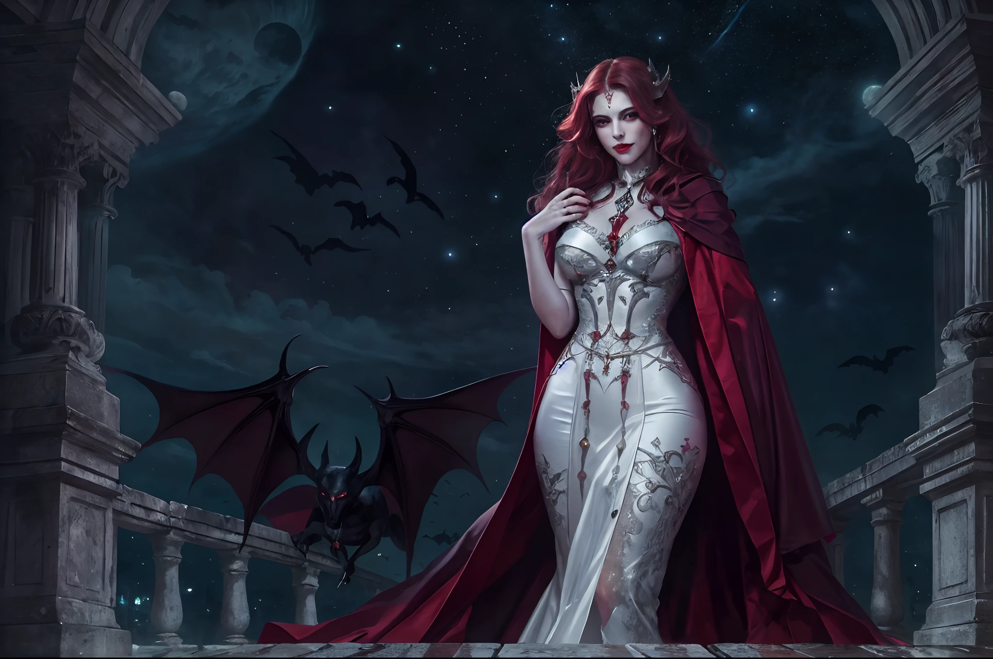 a picture of vampire  in her castle, an exquisite beautiful female vampire standing under the starry night sky on the porch of her castle , full body (ultra detailed, Masterpiece, best quality), ultra detailed face (ultra detailed, Masterpiece, best quality), grey skin, red hair, wavy hair, dynamic eyes color, cold eyes, glowing eyes, intense eyes, smirking, smile with [[drops of blood on face]] (ultra detailed, Masterpiece, best quality), dark red lips, [visible fangs], wearing white dress (ultra detailed, Masterpiece, best quality), blue cloak, high heeled boots [[in starry night sky]], sky full of stars background, moon, bats flying about,  high details, best quality, 8k, [ultra detailed], masterpiece, best quality, (ultra detailed), full body, ultra wide shot, photorealism, dark fantasy art, gothic art, many stars,  gothic art, sense of dread,