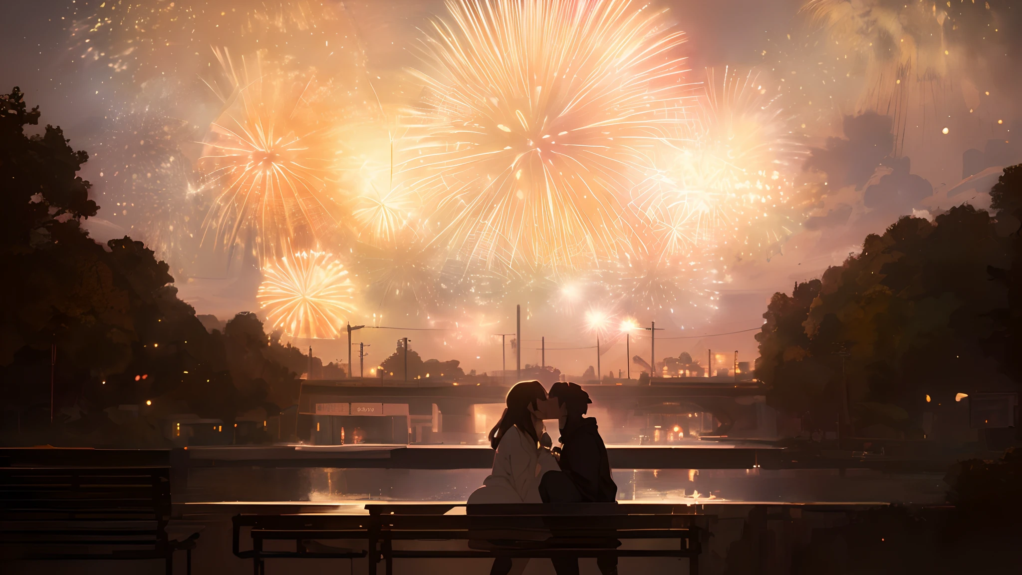 （Two people kissing on the bench:1.3）、Fireworks in the sky, Gwise and Makoto Shinkai's Kiss, ( ( By Shinkai Makoto ) ), (Sakimi and Makoto Shinkai's kiss:1.3), ross tran and makoto shinkai, (kiss:1.3)、[ Fireworks in the sky ]!!, sparklers, By Shinkai Makoto. - H 2160、Super close-up of the face、