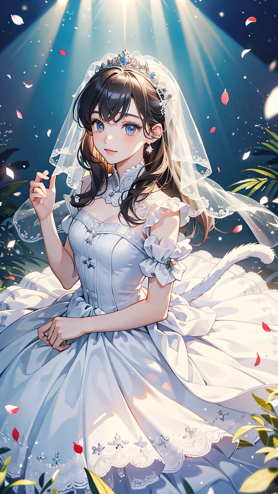 ((best quality)), ((masterpiece)) WEDDING PRINCESS DRESS, light ray, lens flare, white petals, long coated cat, exotic