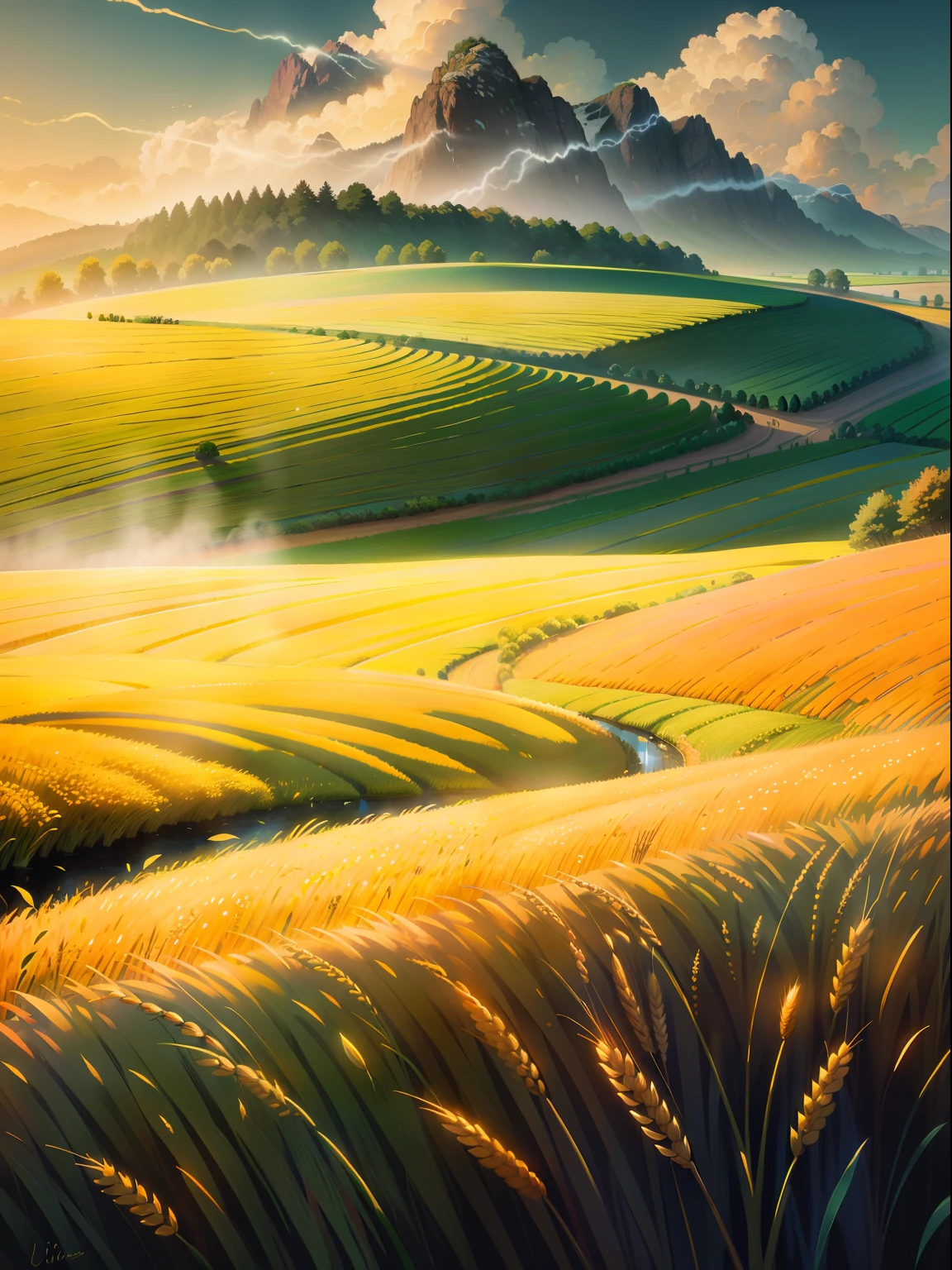(wheat field), wheat, background, gloden, scenery, wallpaper, 4k, masterpiece, original art, beautiful lighting, light streams, caustics,lilypads, zeiss, sigma, photography, canon 5d
