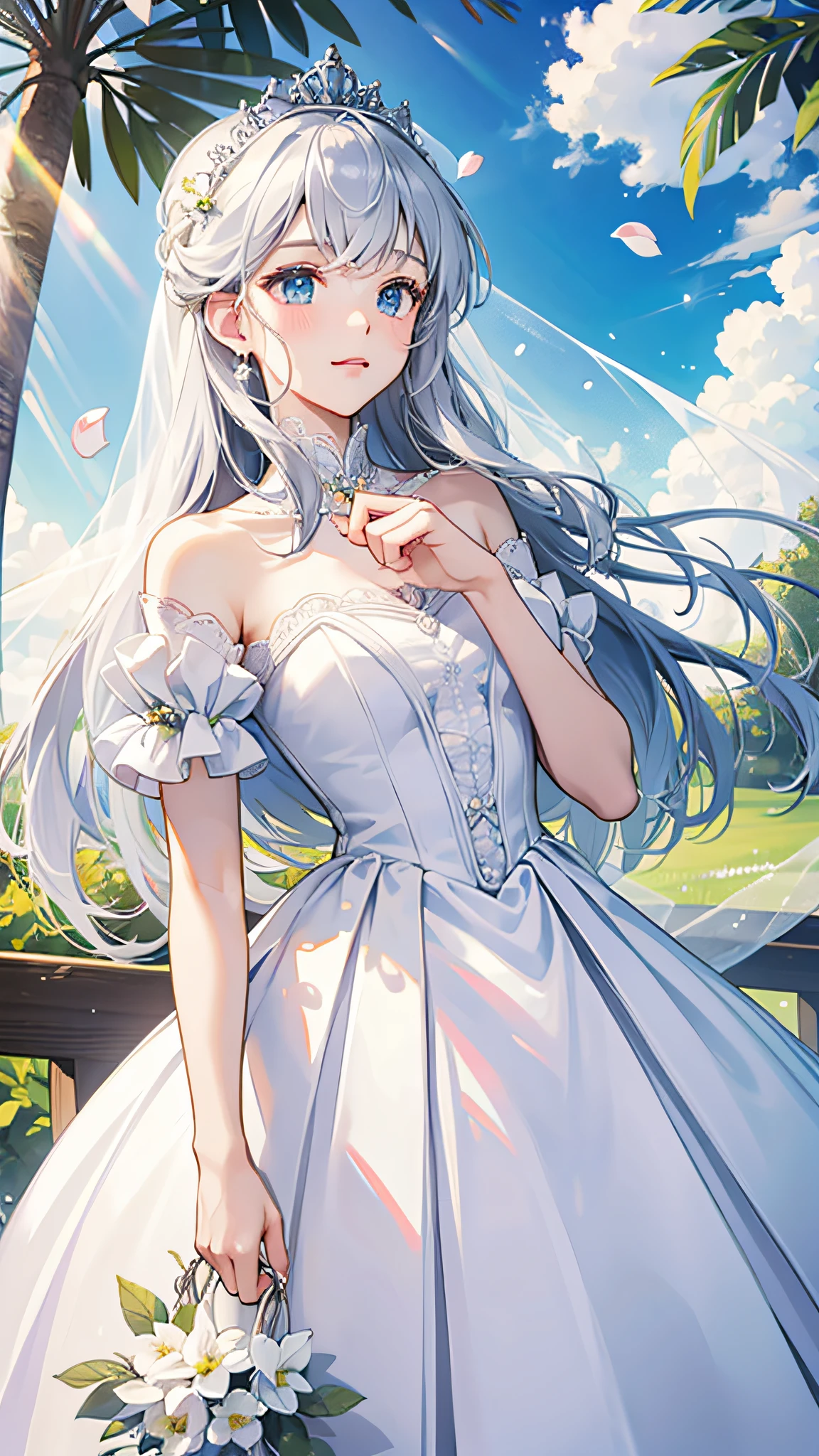 white、Ocean、droopy eyes、Brown eyeballs on face、smile、23 year old female、woman wearing one piece、long hair girl、((long hair girl))、Girl with bangs、detailed face、clean face、((best image quality))、mole、bouquet、bride、Mermaid Dress.silver hair、light blue eyes、heroine、blush