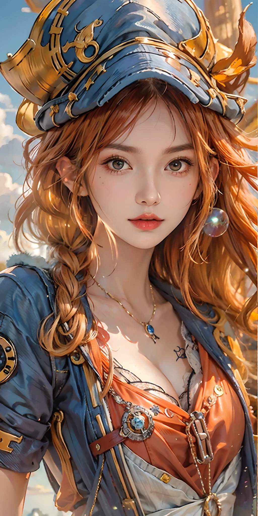 photorealistic, high resolution, soft light,1women, solo, hips up, (detailed face), nami \(one piece\), tattoo, jewelry,long silky orange hair, high nose, sharp eyes, noble and inviolable temperament, (([female]: 1.2 + [beauty]: 1.2 + orange long hair: 1.2)), pirate ship background, (one piece), blue sky, bracelets, bubbles, clouds, denim, pants, shoulder tatto, bright eyes, dynamic angle and posture
