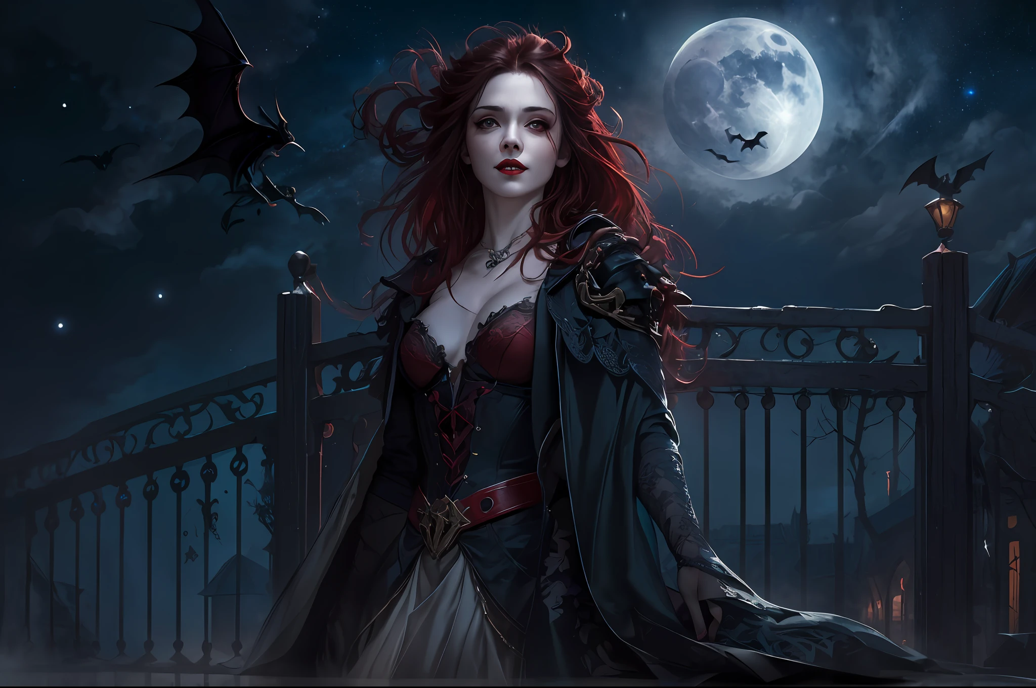 a picture of vampire in her castle, an exquisite beautiful female vampire standing under the starry night sky on the porch of her castle, full body (ultra detailed, Masterpiece, best quality), ultra detailed face (ultra detailed, Masterpiece, best quality), ultra feminine, grey skin, red hair, wavy hair, dynamic eyes color, cold eyes, glowing eyes, intense eyes, smirking, smile with [[drops of blood on face]] (ultra detailed, Masterpiece, best quality), dark red lips, [visible fangs], wearing white dress (ultra detailed, Masterpiece, best quality), blue cloak, high heeled boots [[in starry night sky]], sky full of stars background, moon, bats flying about, high details, best quality, 8k, [ultra detailed], masterpiece, best quality, (ultra detailed), full body, ultra wide shot, photorealism, dark fantasy art, gothic art, many stars, gothic art, sense of dread,