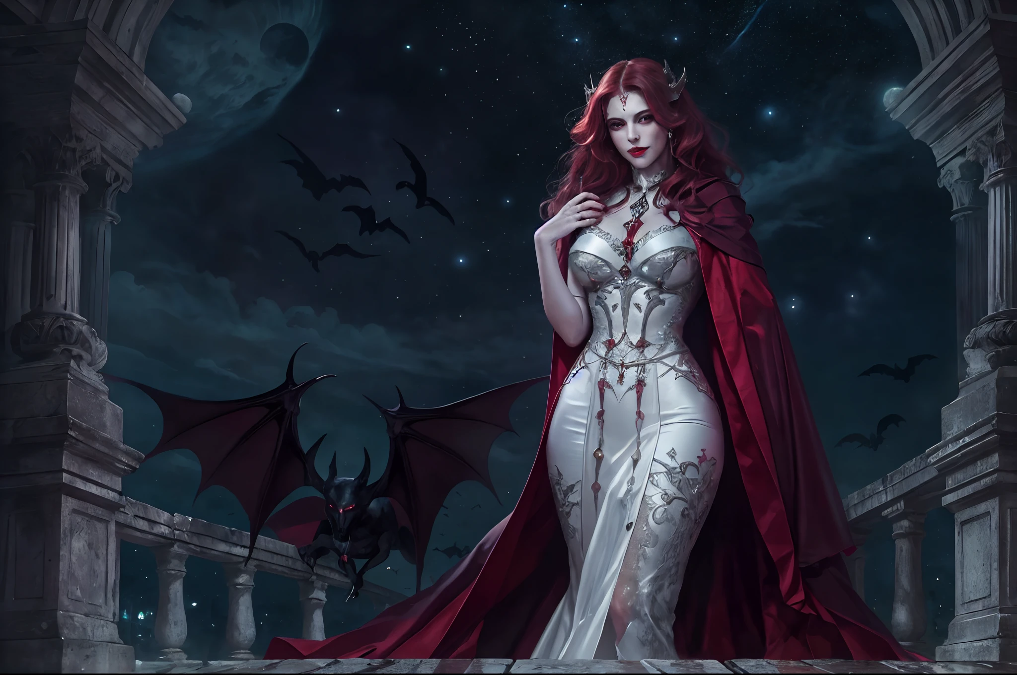 a picture of vampire  in her castle, an exquisite beautiful female vampire standing under the starry night sky on the porch of her castle , full body (ultra detailed, Masterpiece, best quality), ultra detailed face (ultra detailed, Masterpiece, best quality), grey skin, red hair, wavy hair, dynamic eyes color, cold eyes, glowing eyes, intense eyes, smirking, smile with [[drops of blood on face]] (ultra detailed, Masterpiece, best quality), dark red lips, [visible fangs], wearing white dress (ultra detailed, Masterpiece, best quality), blue cloak, high heeled boots [[in starry night sky]], sky full of stars background, moon, bats flying about,  high details, best quality, 8k, [ultra detailed], masterpiece, best quality, (ultra detailed), full body, ultra wide shot, photorealism, dark fantasy art, gothic art, many stars,  gothic art, sense of dread,