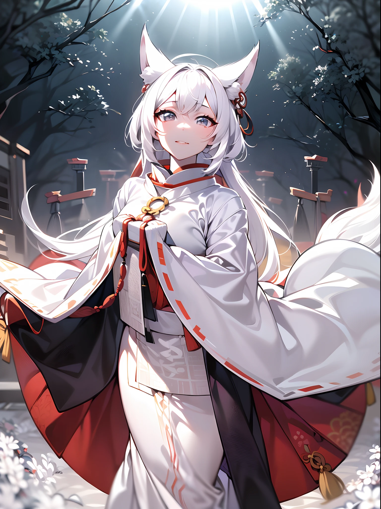 professional lighting,jpn,1girl in,((onmyouji)),18 year old beautiful woman,((((white Fox ears)))),(long shiny white hair),(Bushy white tail),nice hands, perfect hands,((An ancient shrine surrounded by giant white trees that emit light with pale light)),(((A white fox girl staring at us in the center of a shrine stage surrounded by pale light))),((Floating light spot)),((((God Light)))),from front,dynamic angles,face forcus