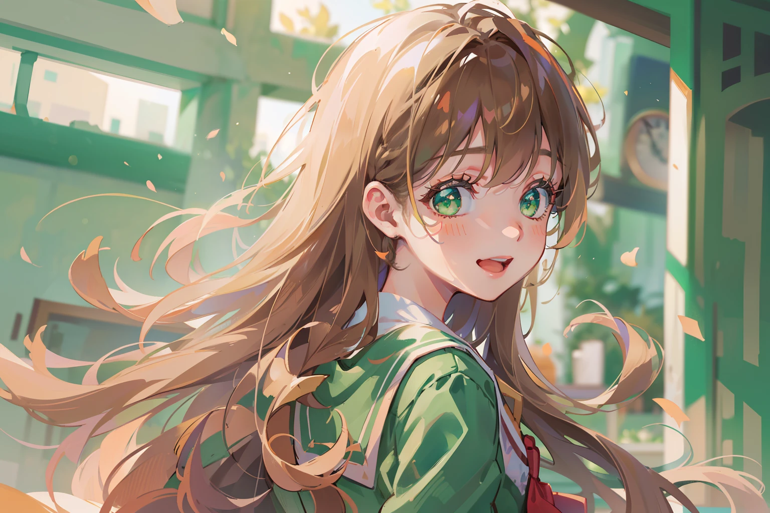 (masterpiece), best quality, beautiful detailed hair detailed face, ultra high res, sharp focus, ((1 young woman, solo)), (warm pastel color), high saturation, perfect feminine face, upper body, medium close-up, dutch angle, (at the morning time:1.5), in the school, ((beautiful shape eyes, green eyes)), chesnut brown har, long hair, smiles, (highschool uniform:1.2)