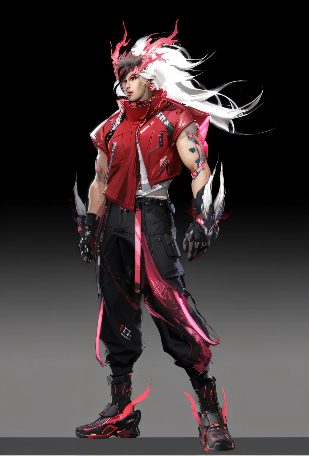 a close up of a person in a red jacket and black pants, ( ( concept art of character ) ), fighting game character, Character artwork, 8k character concept art, 8 k character concept art, concept art character, full body concept, cyberpunk character design, official character art, As a character in Tekken, Feng Zhu concept art, Amazing 8K character concept art
