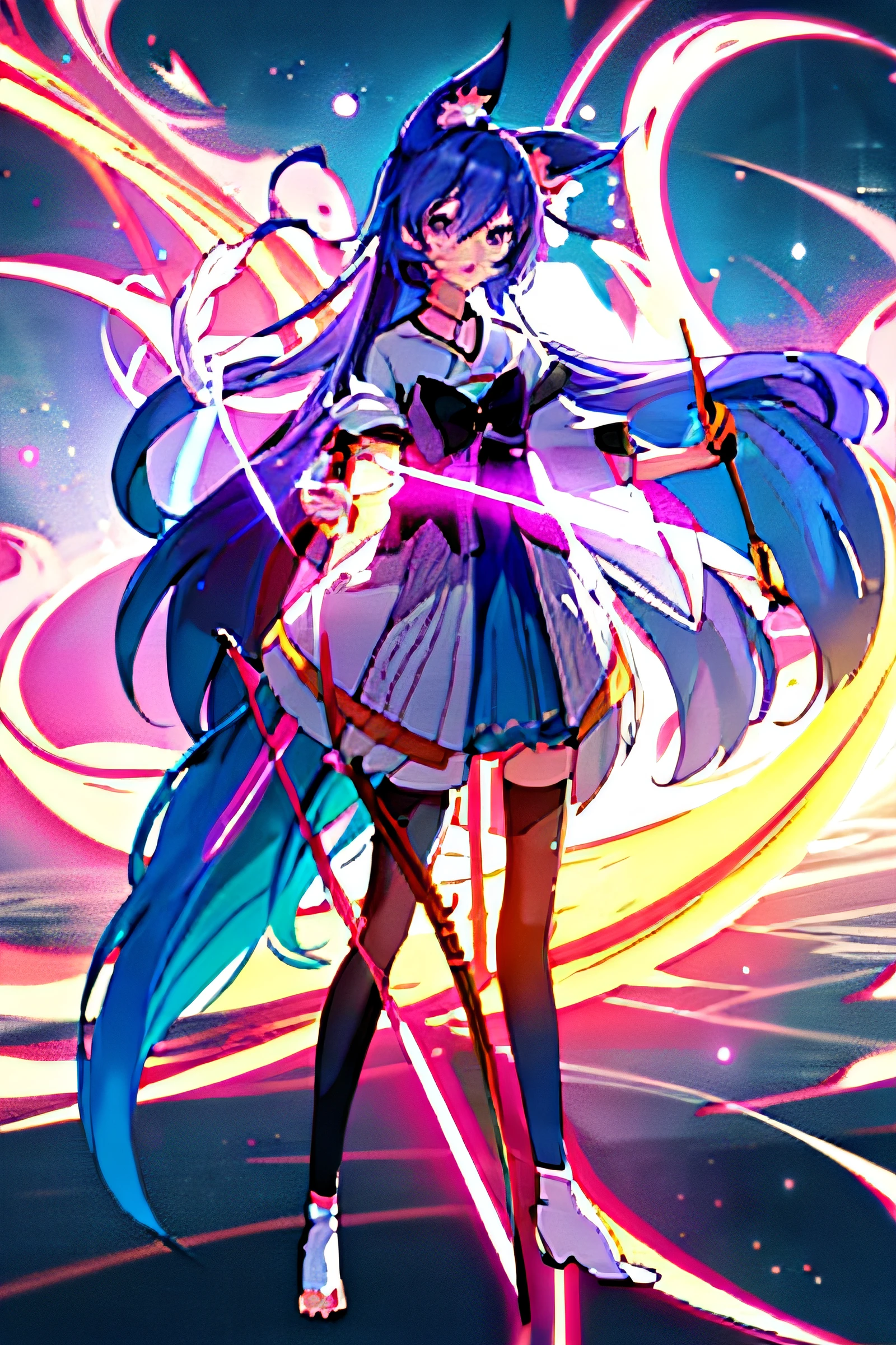 anime girl with a bow and arrow, anime girl with a bow and arrow, Anime goddess, Fire!! full bodyesbian, anime full body illustration, pretty anime character design, fox nobushi holding a naginata, carrying a magical staff, she is holding a long staff, made with anime painter studio, Anime girl with long hair, Digital art on Pixiv