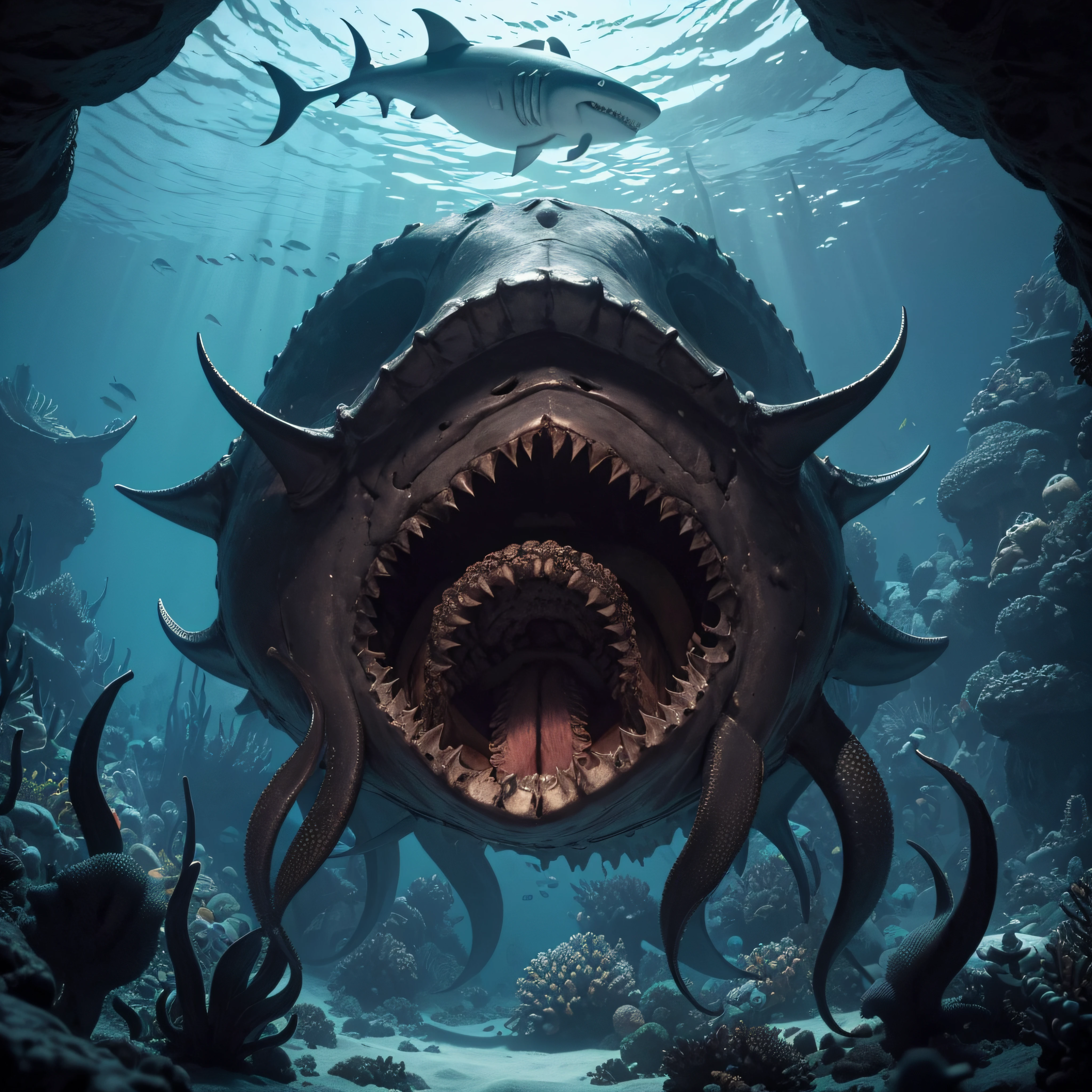 (extremadamente detallado, obra maestra, La mejor calidad, Under the Ocean), Estilo oscuro, volumetric illumination. armadura medieval, mouth of big shark, tentacle, deforme, imagen submarina, pico de pulpo amenazante. manchas de tinta. Rococo composition. Luz de caravaggio