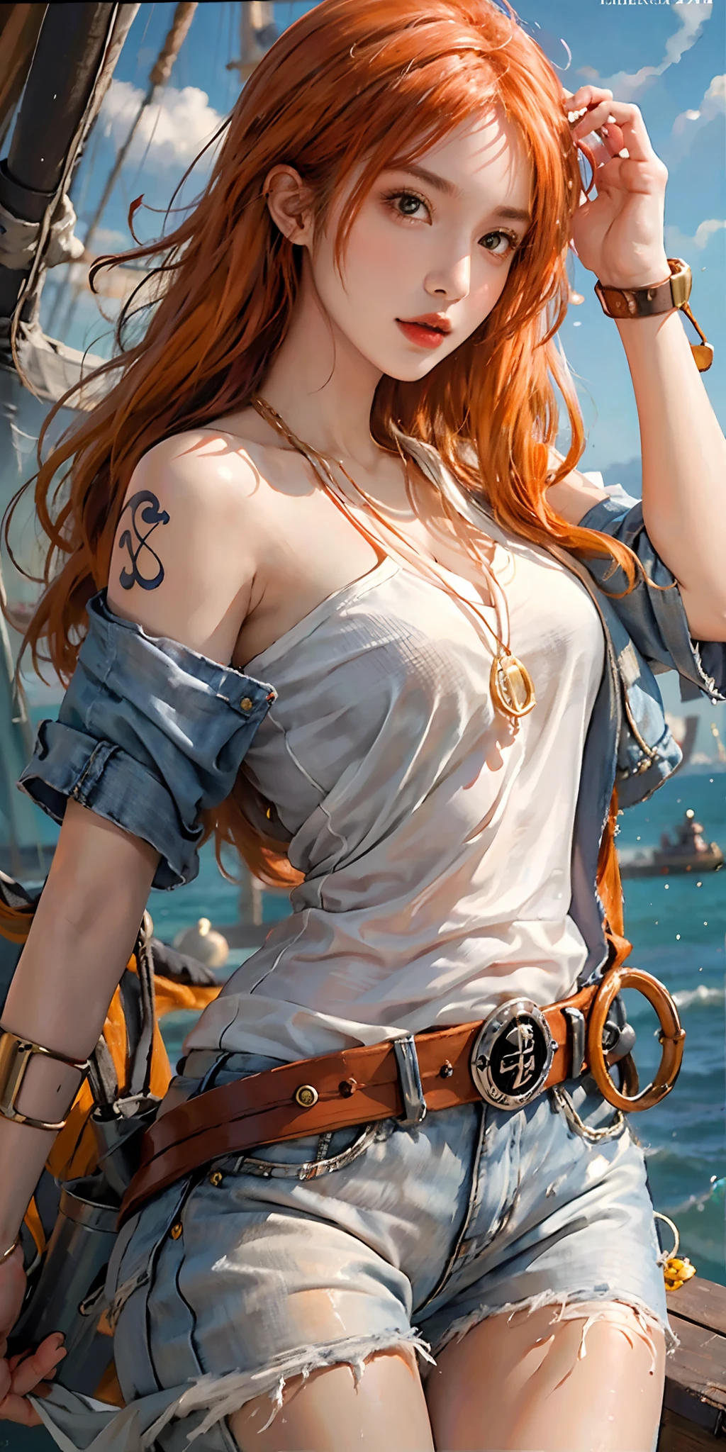 photorealistic, high resolution, soft light,1women, solo, hips up, (detailed face), nami \(one piece\), tattoo, jewelry,long silky orange hair, high nose, sharp eyes, noble and inviolable temperament, (([female]: 1.2 + [beauty]: 1.2 + orange long hair: 1.2)), pirate ship background, (one piece), blue sky, bracelets, bubbles, clouds, denim, pants, shoulder tatto, bright eyes, dynamic angle and posture