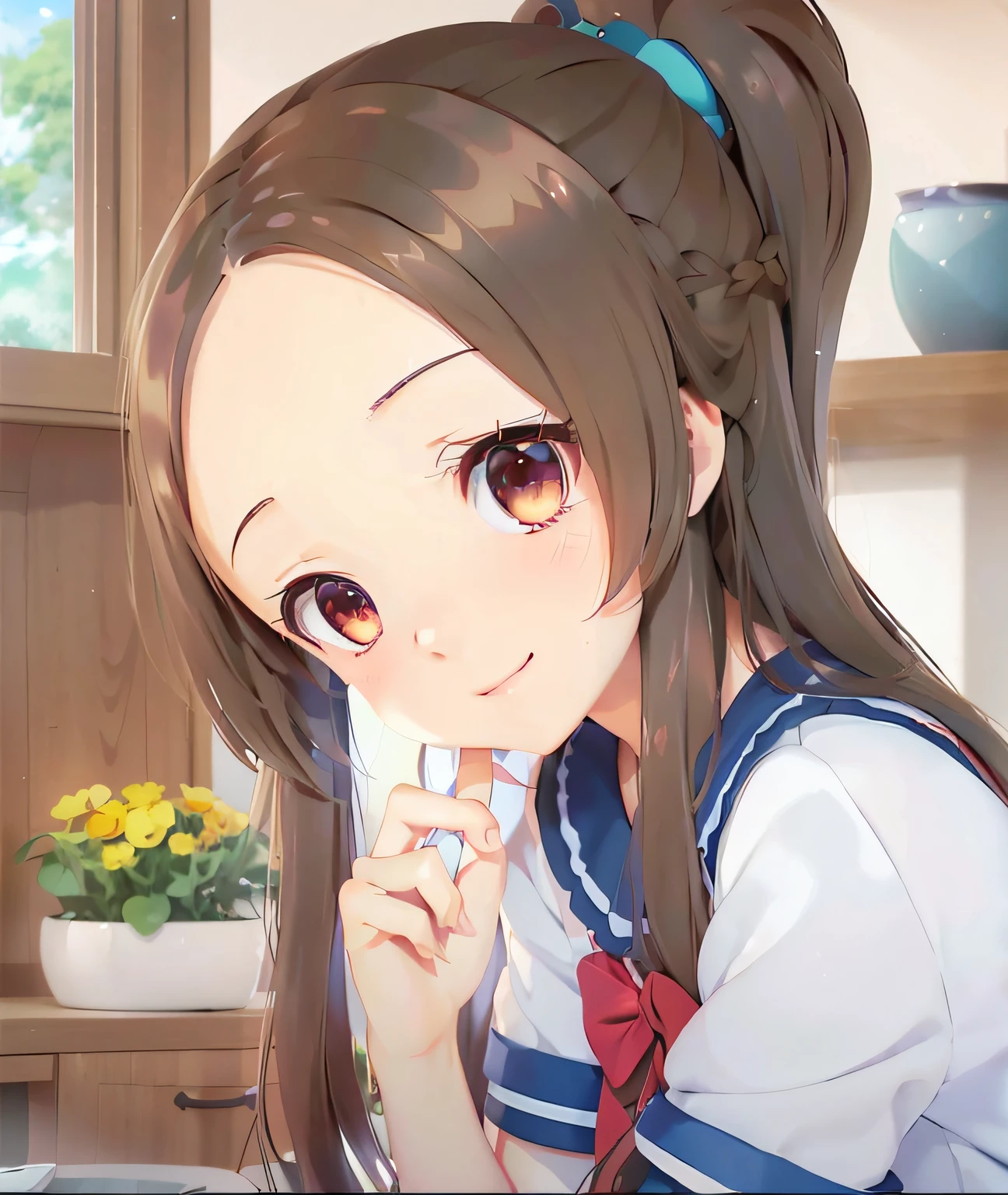 Anime girl with long brown hair and blue dress staring at camera, anime visual of a cute girl, Smooth anime CG art, Cute anime girl, Marin Kitagawa fanart, Kawaii realistic portrait, pretty anime girl, up of young anime girl, small curvaceous ****, Kantai collection style, Cute anime girl portrait, anime moe art style, drawn in anime painter studio