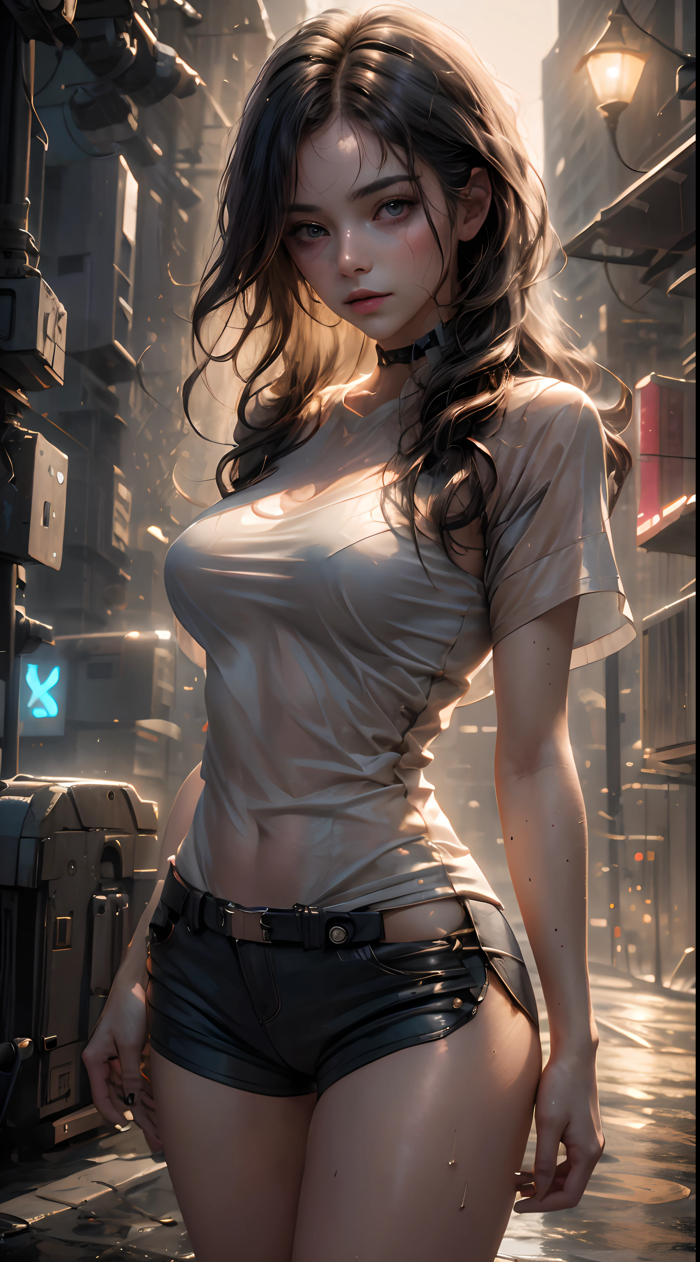 gorgeous woman with wavy hair detailed alluring eyes Thigh gap long sexy legs wearing tiny shorts tshirt in beautiful futuristic cyberpunk+ city, mist, wet, raining, best quality masterpiece, photorealistic, detailed, 8k, HDR, shallow depth of field, broad light, high contrast, backlighting, bloom, light sparkles, chromatic aberration, sharp focus, RAW color photo, sultry look, seductive