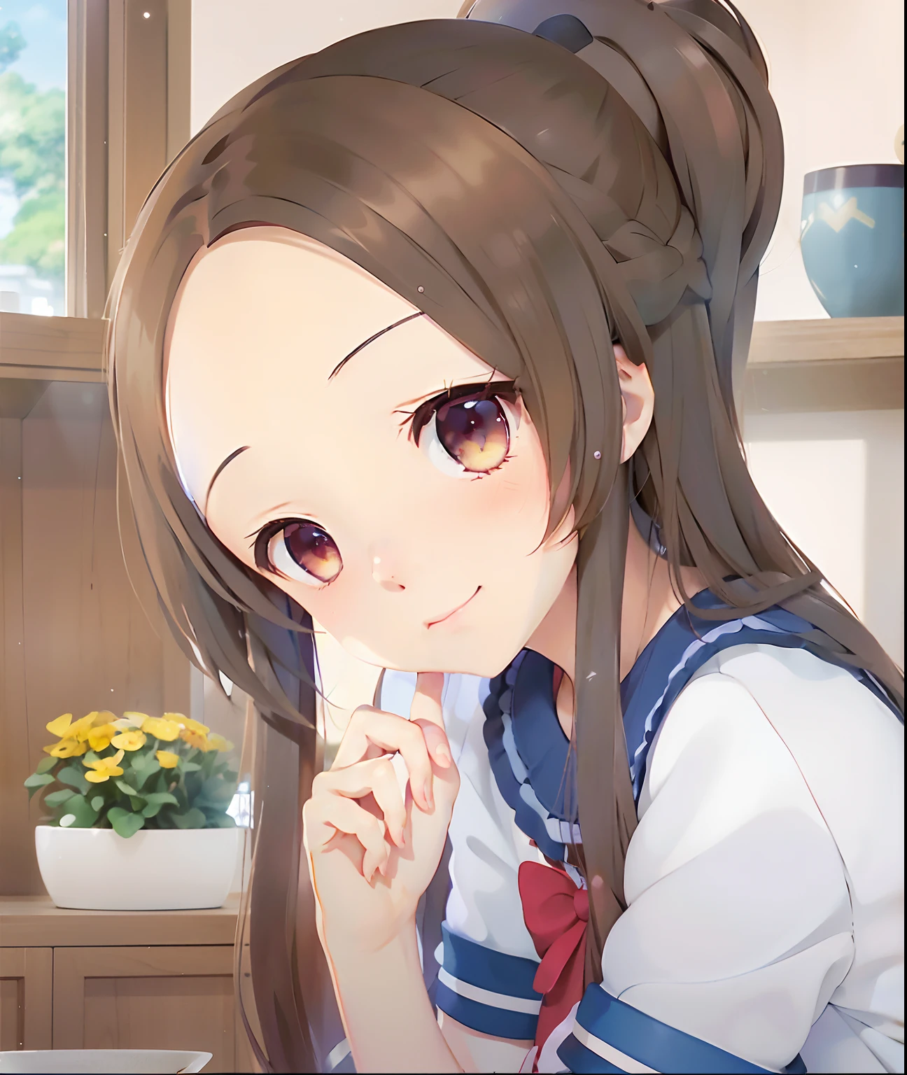 Anime girl with long brown hair and blue dress staring at camera, anime visual of a cute girl, Smooth anime CG art, Cute anime girl, Marin Kitagawa fanart, Kawaii realistic portrait, pretty anime girl, up of young anime girl, small curvaceous ****, Kantai collection style, Cute anime girl portrait, anime moe art style, drawn in anime painter studio