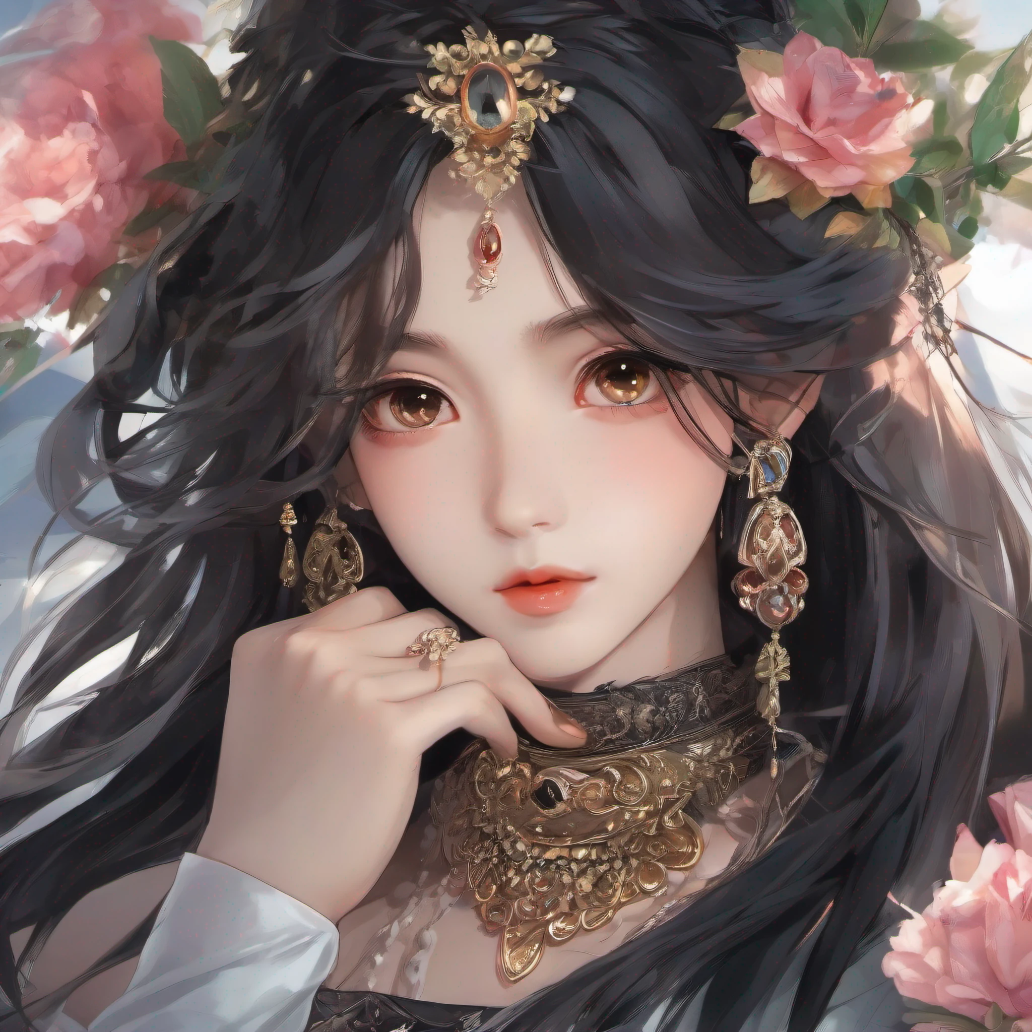 Girl with long black hair and jewelry, an anime drawing by Yang J, pixiv contest winner, Fantasy art, Detailed digital anime art, style of anime4 K, detailed portrait of an anime girl, Beautiful anime artwork, Anime art wallpaper 4k, Anime art wallpaper 4 K, a beautiful anime portrait, Digital anime illustration, Anime style illustration, The material is clear,highly details