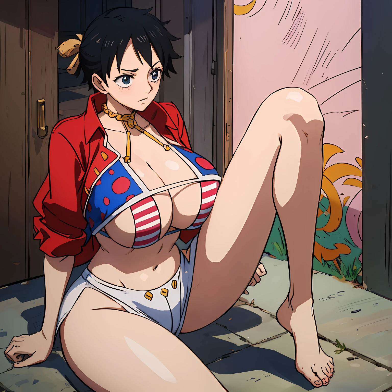 High detail, high quality, masterpiece, (huge breasts)), impatient pet pose, alley, legs spread, luffy,short hair