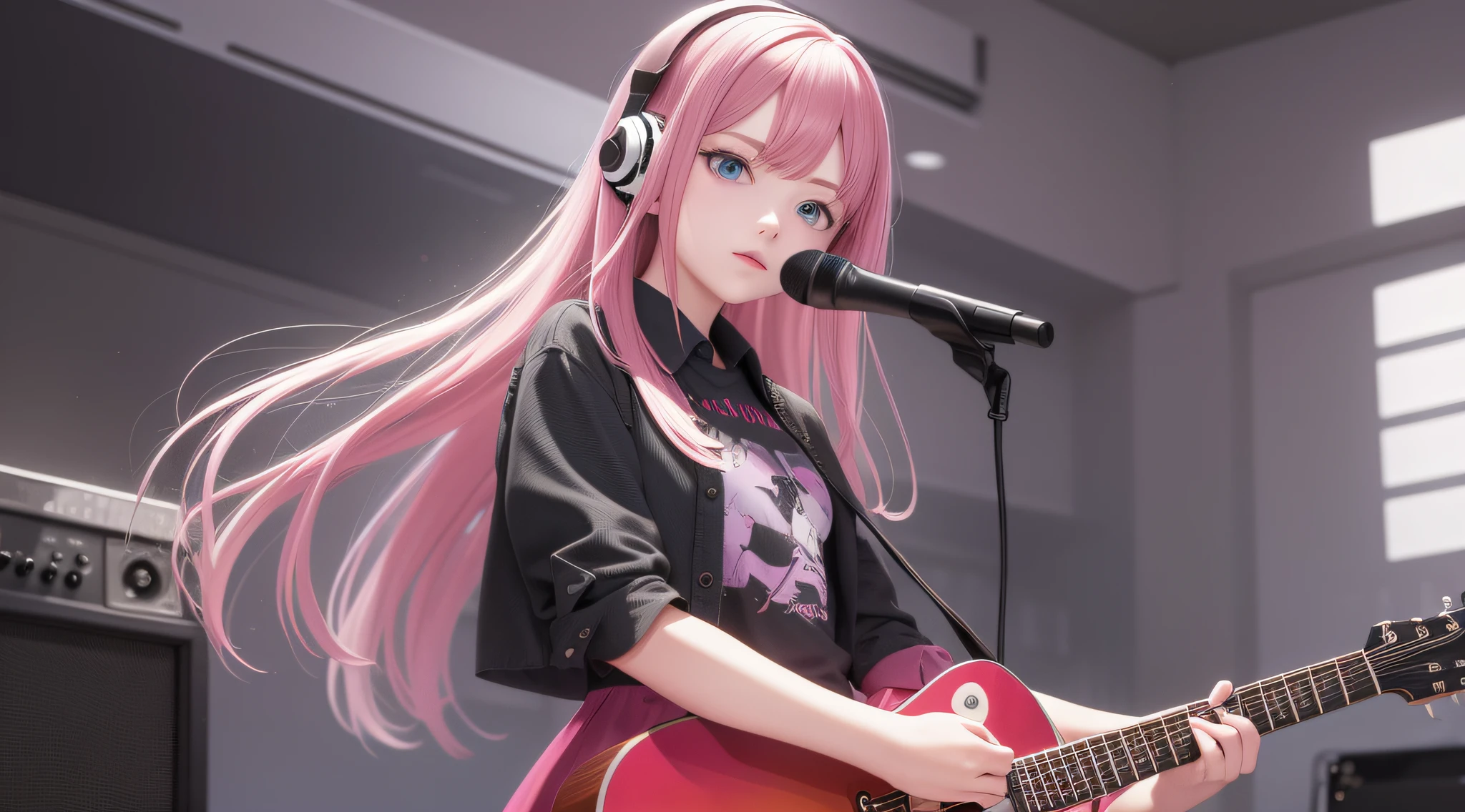 ((Masterpiece,Best quality，wallpaper hd，Youtube cover))1girll, Solo, Black skirt, Blue eyes, Electric guitar, guitar, wearing headphone, Holding, holding plectrum, instrument, Long hair, , music, one side up, Pink hair, playing guiter, Pleated skirt, Black shirt, inside bedroom，Cosy home，rich background。plethora of colors。