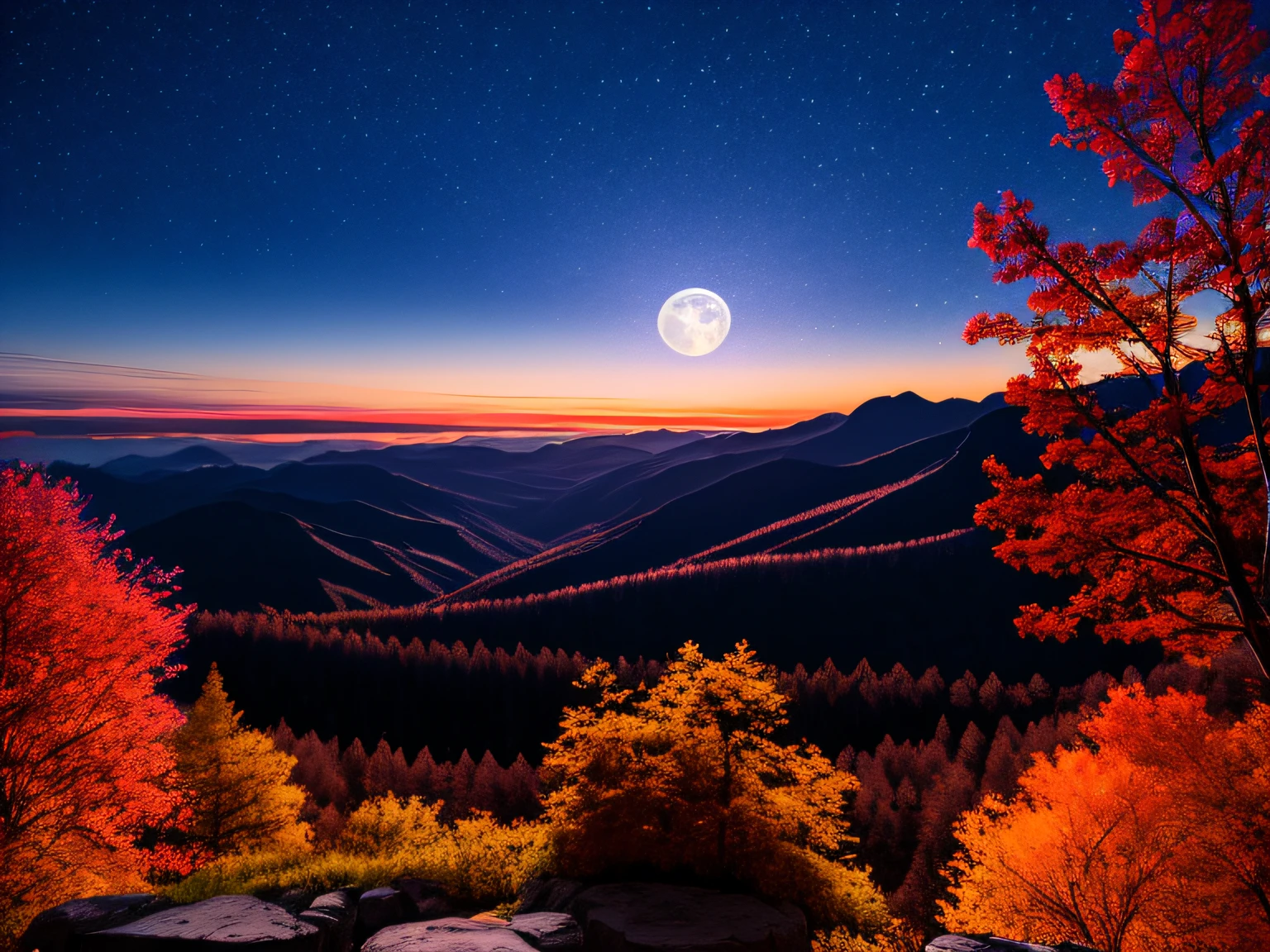 Vast landscape photos、（View from below with a view of the sky and the wilderness below）、（fullmoon：1.2）、（shooting stars：0.9）、（nebulas：1.3）、mountain in the distance、Tree BREAK Production Art、(Warm color Light Source:1.2)、(fireflys:1.2)、abajour、Purple and orange、intricate detailes、Volume Lighting BREAK (​masterpiece:1.2)、(top-quality)、4k、ultra-detailliert、（The composition of the movement：1.4）、Highly detailed and colorful details（Irridescent color：1.2）、（glowing lighting、Atmospheric illumination）、dream-like、Magical、（独奏：1.2）、Colored leaves