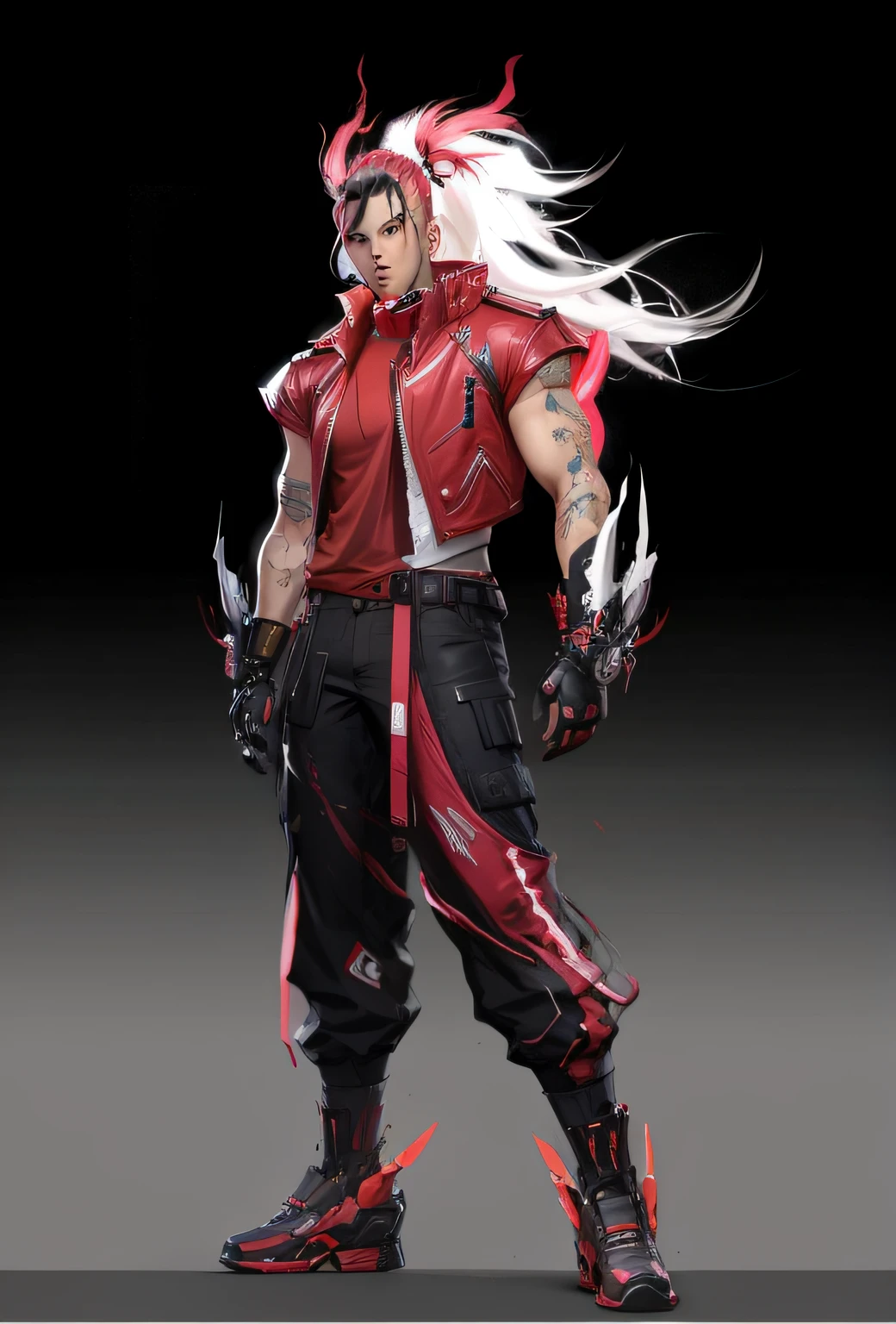 a close up of a person in a red jacket and black pants, ( ( concept art of character ) ), fighting game character, Character artwork, 8k character concept art, 8 k character concept art, concept art character, full body concept, cyberpunk character design, official character art, As a character in Tekken, Feng Zhu concept art, Amazing 8K character concept art,Meticulous portrayal