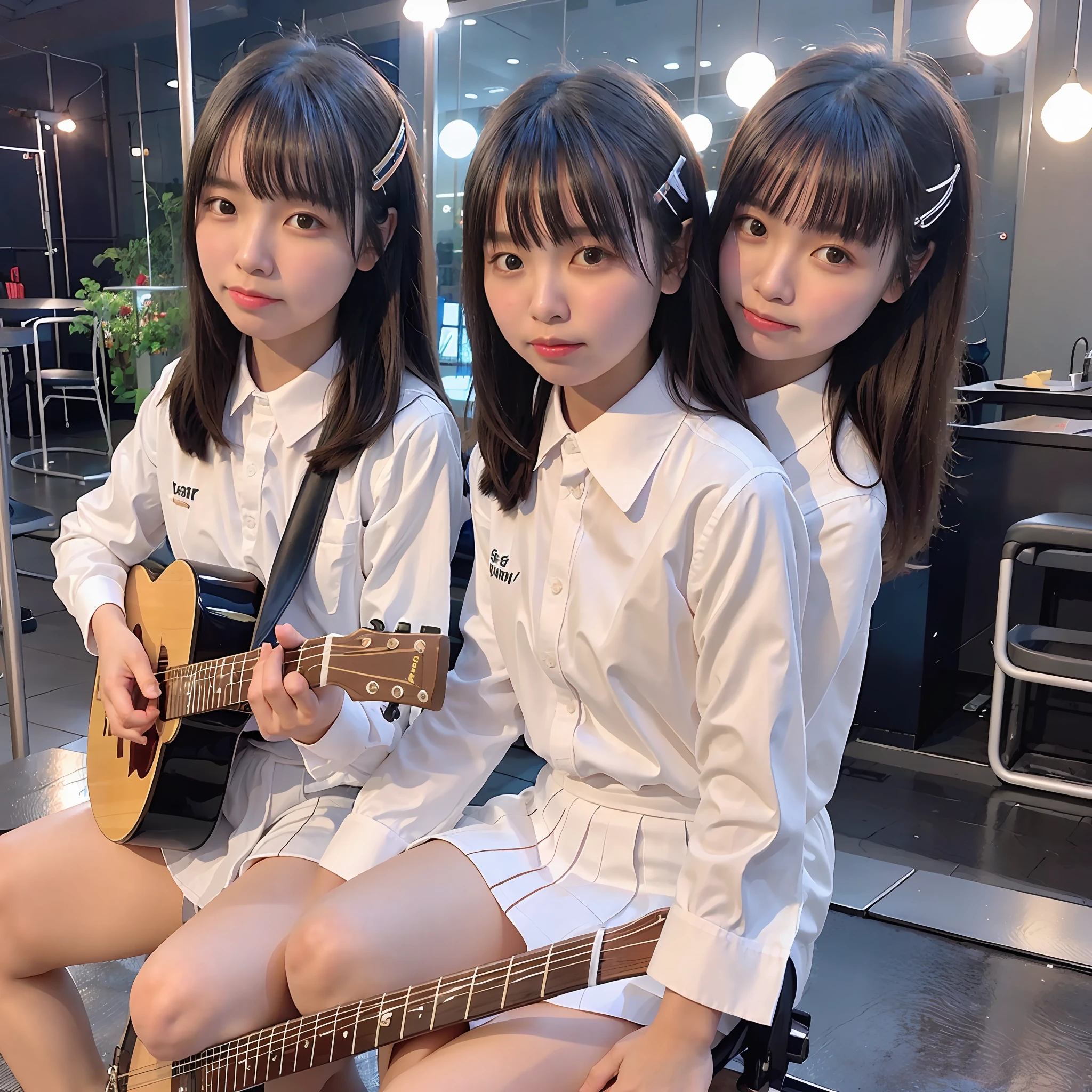 Young girls，in school uniform，Sit on the rooftop on a full moon night and play acoustic guitar，The wind blows