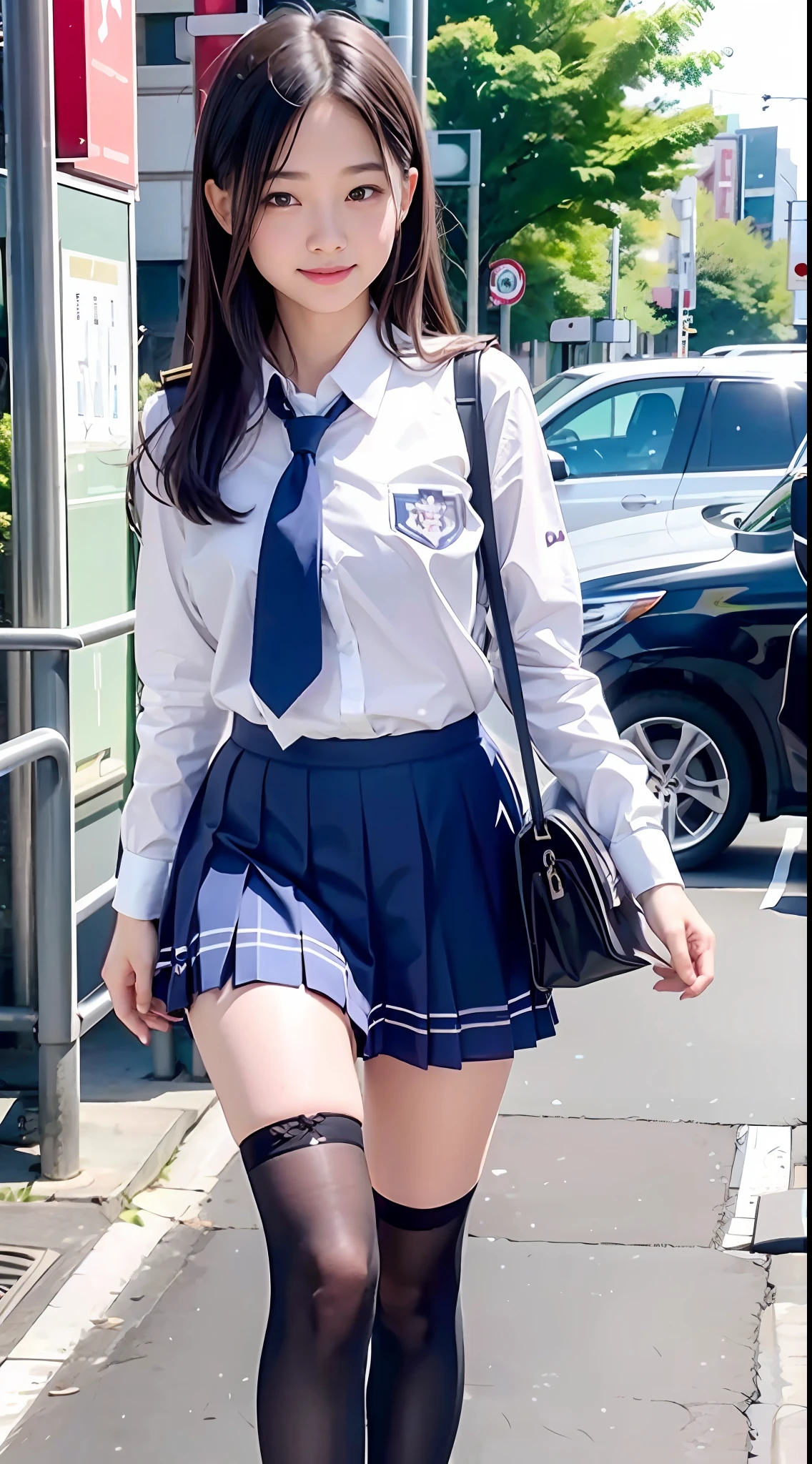 full body,from below,A -yeld juschool girl with long black hair wearing a school uniform with a looking at viewer,