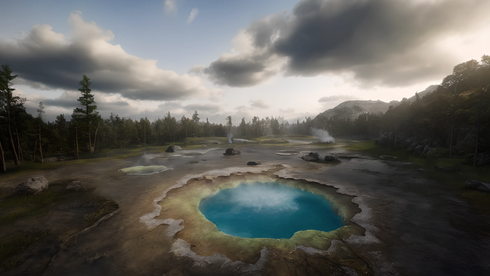 There is a large pool in the middle of the forest, hyper-realistic environment, beautiful landscape rendering, photorealistic landscapes, hyperrealistic landscape, 4 K photo rendering reality engine, adventure hyper realistic render, natural realistic render, rendered in cryengine, hyper - realistic vfx render, Bubbling geyser, matte painting of steam machines，hot onsen
