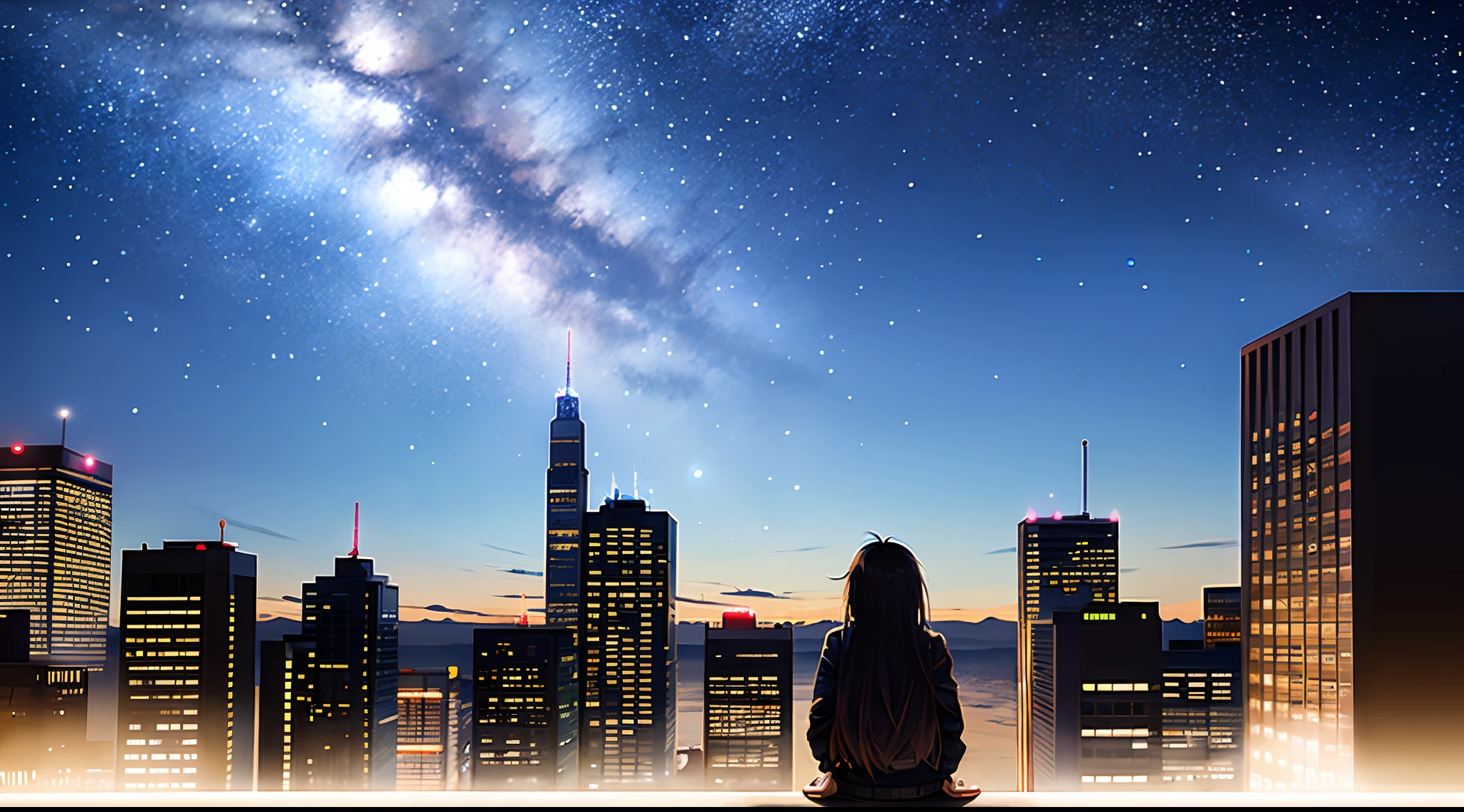 Wonderful landscape、Highest quality、Cityscape、Including sky、Starry Sky、night、Big Moon、Moonlit cityscape、building、There are no people, Makoto Shinkai's Worldview, 8K quality, Neon glows, Breathtakingly beautiful scenery,