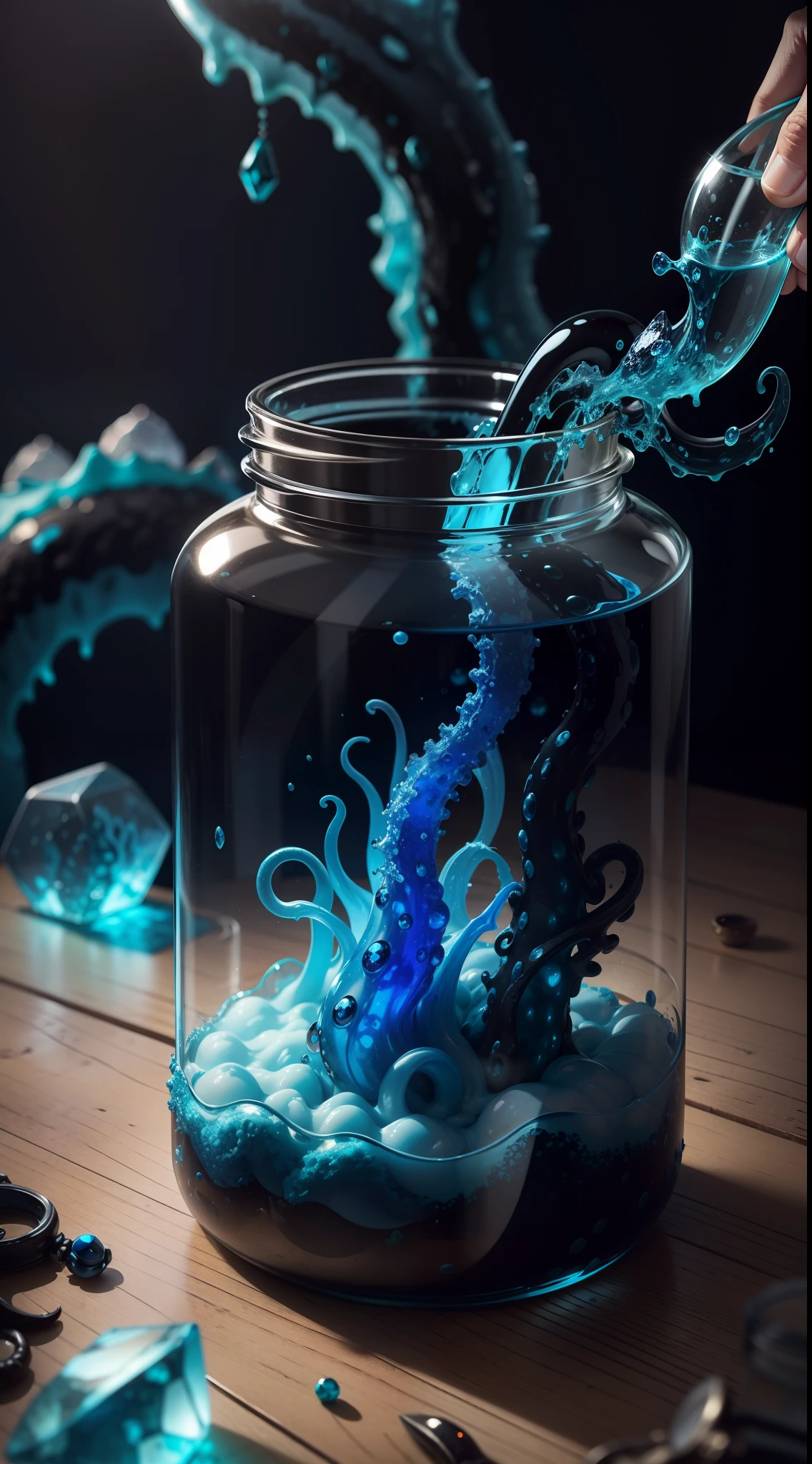 A cloud of blue slime-stained tentacles is housed in a glass jar encrusted with gemstones,Place on a black smooth glass tabletop,One tentacle tops the cork,Reach out of the bottle