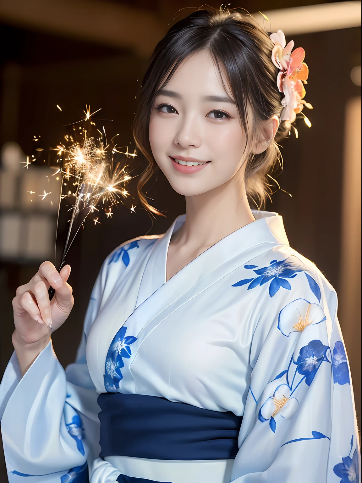 ((top-quality、16k、masterpiece:1.3))、Delicate skin、huge smile、1 slender beauty:1.3、(sparklers)、(Ultra Detailed Face and Skin Texture、A detailed eye、二重まぶた、Detailed eyes)、(Floral yukata:1.3)、(、Crisp focus:1.1、35mm lens、