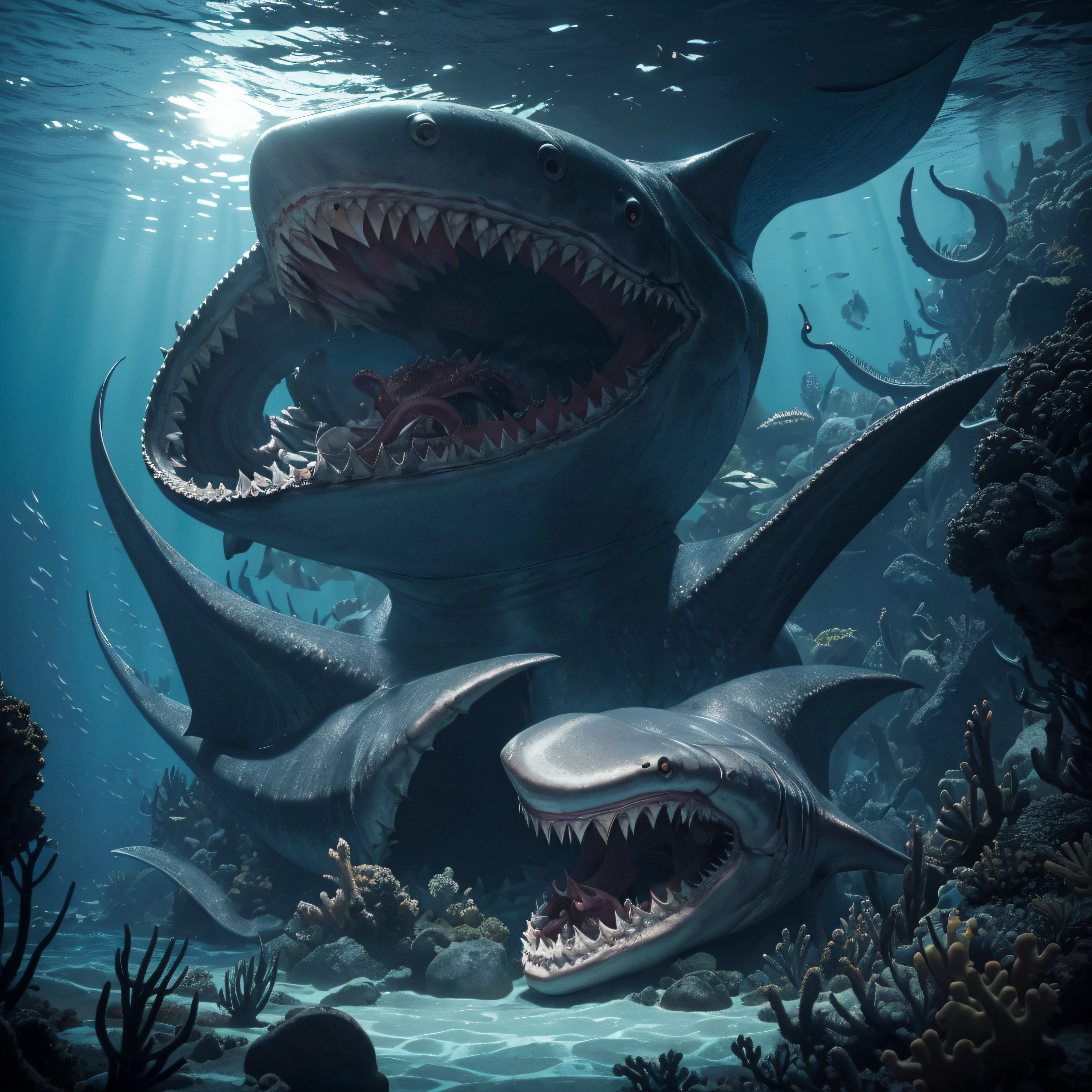 (extremadamente detallado, obra maestra, La mejor calidad, Under the Ocean), Estilo oscuro, volumetric illumination. armadura medieval, mouth of big shark, tentacle, deforme, imagen submarina, pico de pulpo amenazante. manchas de tinta. Rococo composition. Luz de caravaggio