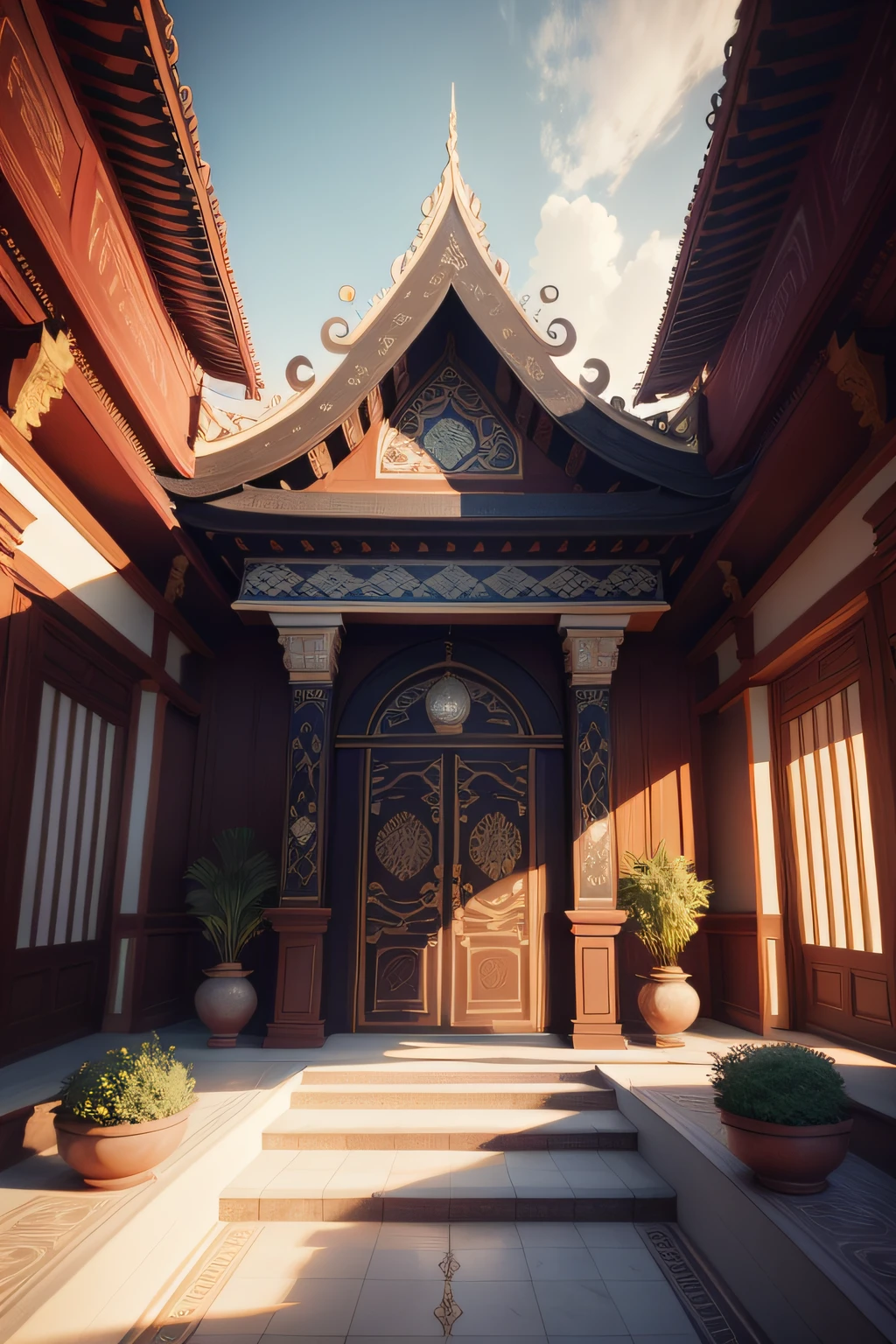 Indonesian decorative painting,Modern large architecture in Indonesia,"One Belt, One Road" sea,Cover art,Creative poster,Beautiful and aesthetic, photography of, cinematic ligh, 8K, high detal
