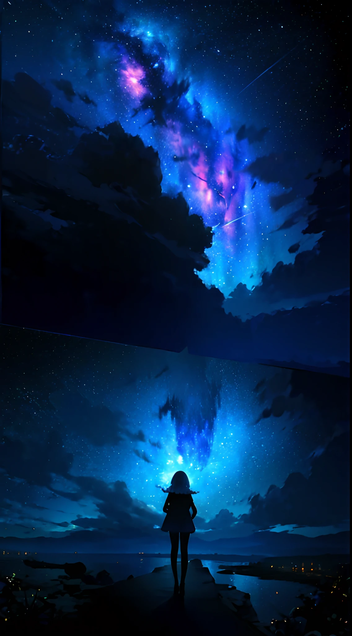 Brilliant starry sky, nebula,1 girl's back,Looking Up The Sky, masterpiece, super detailed, epic composition, highest quality, 4K