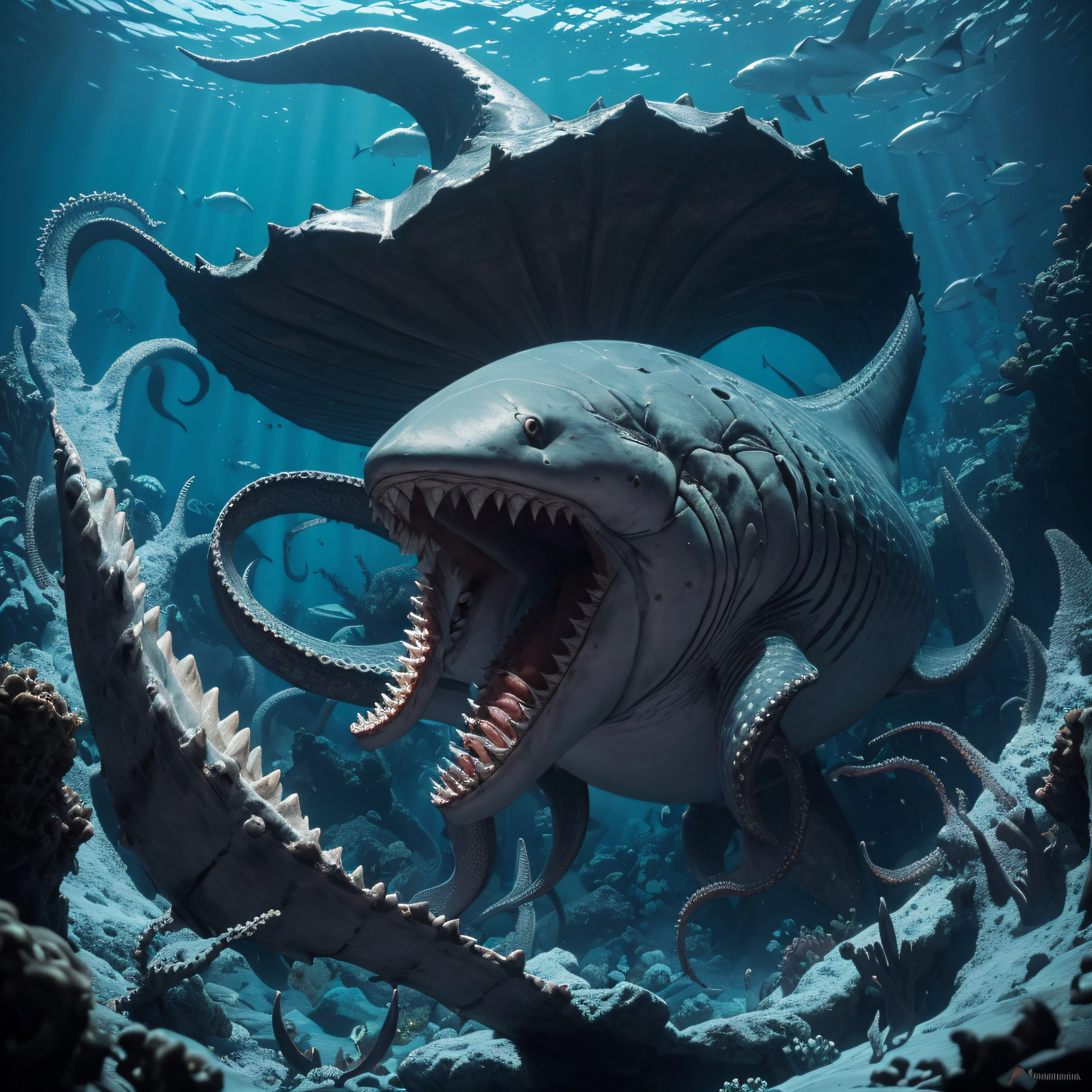 (extremadamente detallado, obra maestra, La mejor calidad, Under the Ocean), Estilo oscuro, volumetric illumination. armadura medieval, mouth of big shark, tentacle, deforme, imagen submarina, pico de pulpo amenazante. manchas de tinta. Rococo composition. Luz de caravaggio