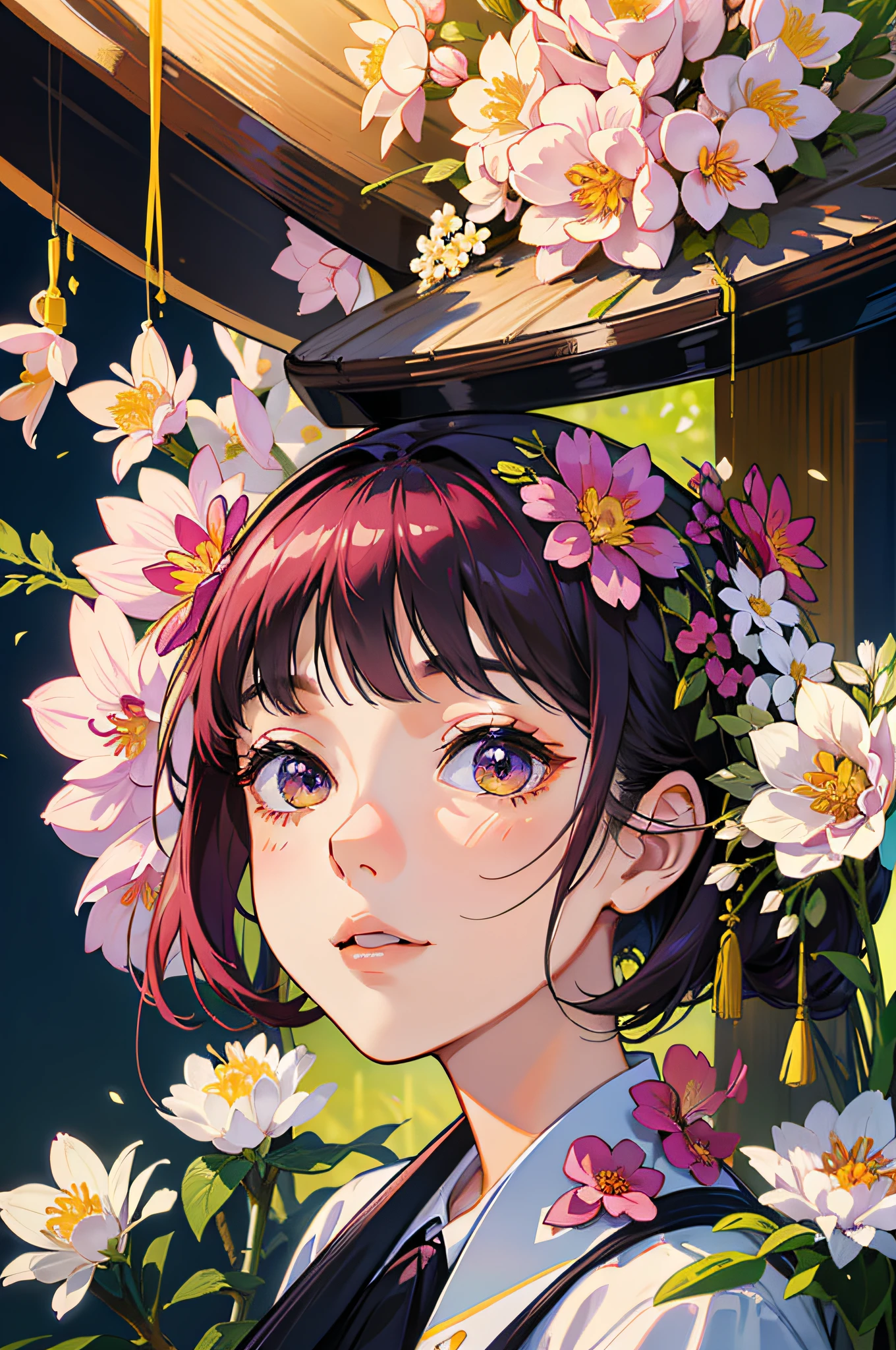 Design separately(Plum Blossom,orchid,bamboo,chrysanthemums), 4 women ,Flowers as background hyper-detailed,rays of sunshine