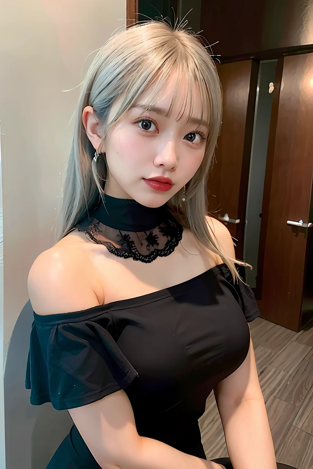 best qualityer, ultra high nothing, (photorrealistic: 1.4), Brazilian 1girl, camisa branca off-shoulder, black tight skirt, thin gold choker (faded ash gray hair:1), (Breasts huge:1.2), gazing at viewer, close-up,