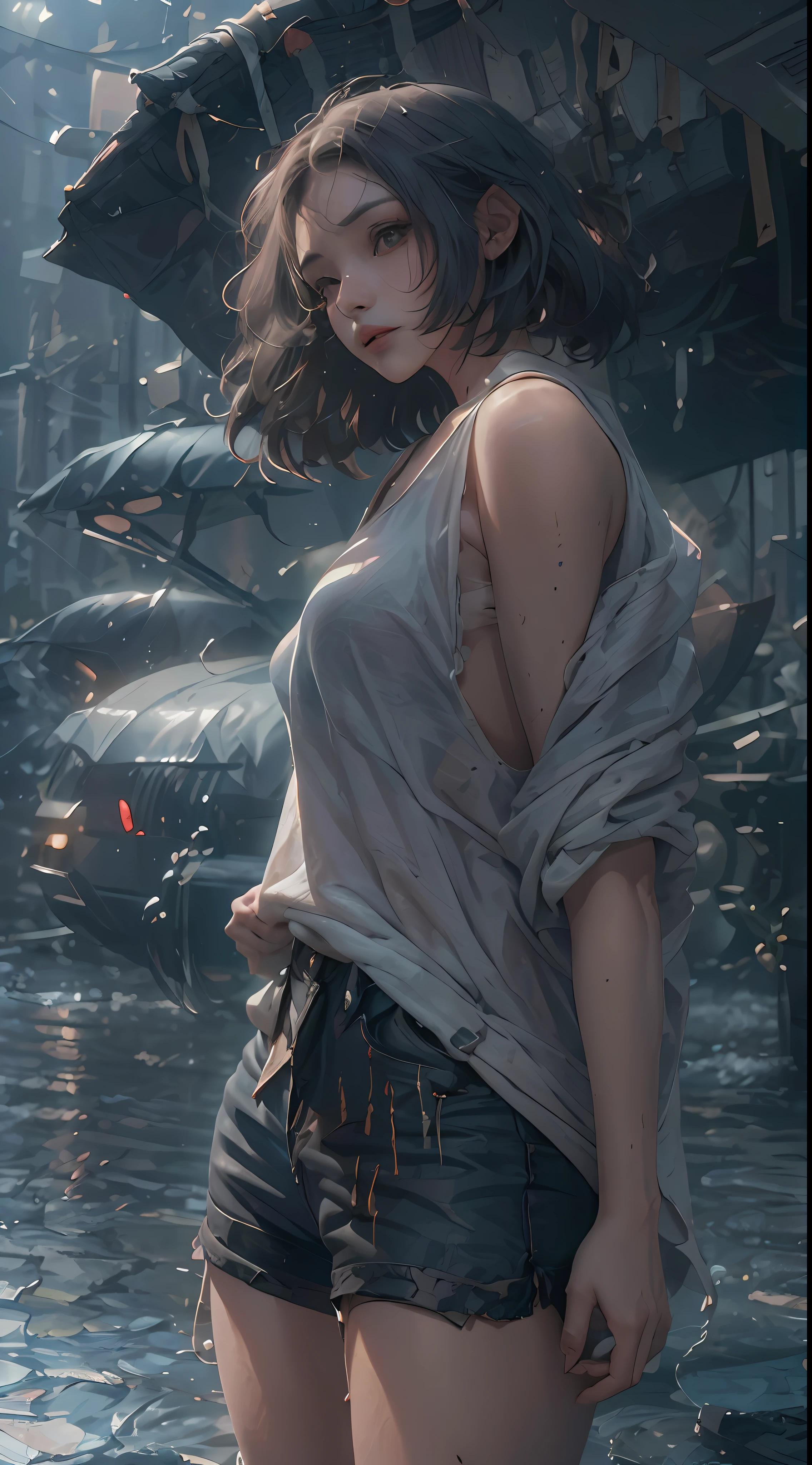 best image quality, masterpiece, super high resolution, (fidelity:1.4), photo, 1 girl, white shirt, torn jeans, white sneakers, dim, darkness, despair, pity, poor, movie, tears, teardrops, (torn clothes:1.5), (wet clothes:1.4), bare shoulders, real rain, wet hair,..