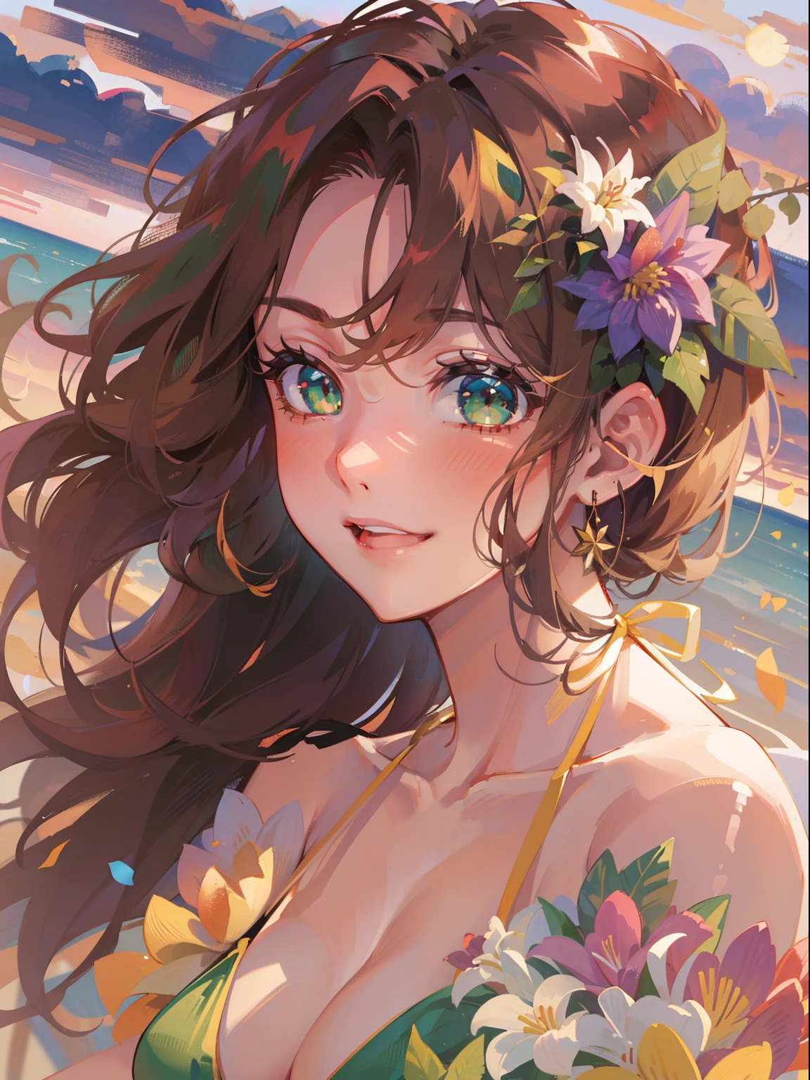 (masterpiece), best quality, beautiful detailed hair detailed face, ultra high res, sharp focus, ((1 woman, solo)), (warm pastel color), high saturation, perfect feminine face, upper body, back view, medium close-up, dutch angle, (at the evening time:1.5), in the beach, sutset, ((beautiful shape eyes, green eyes)), chesnut brown har, long hair, smiles, (colorful bikini:1.2)