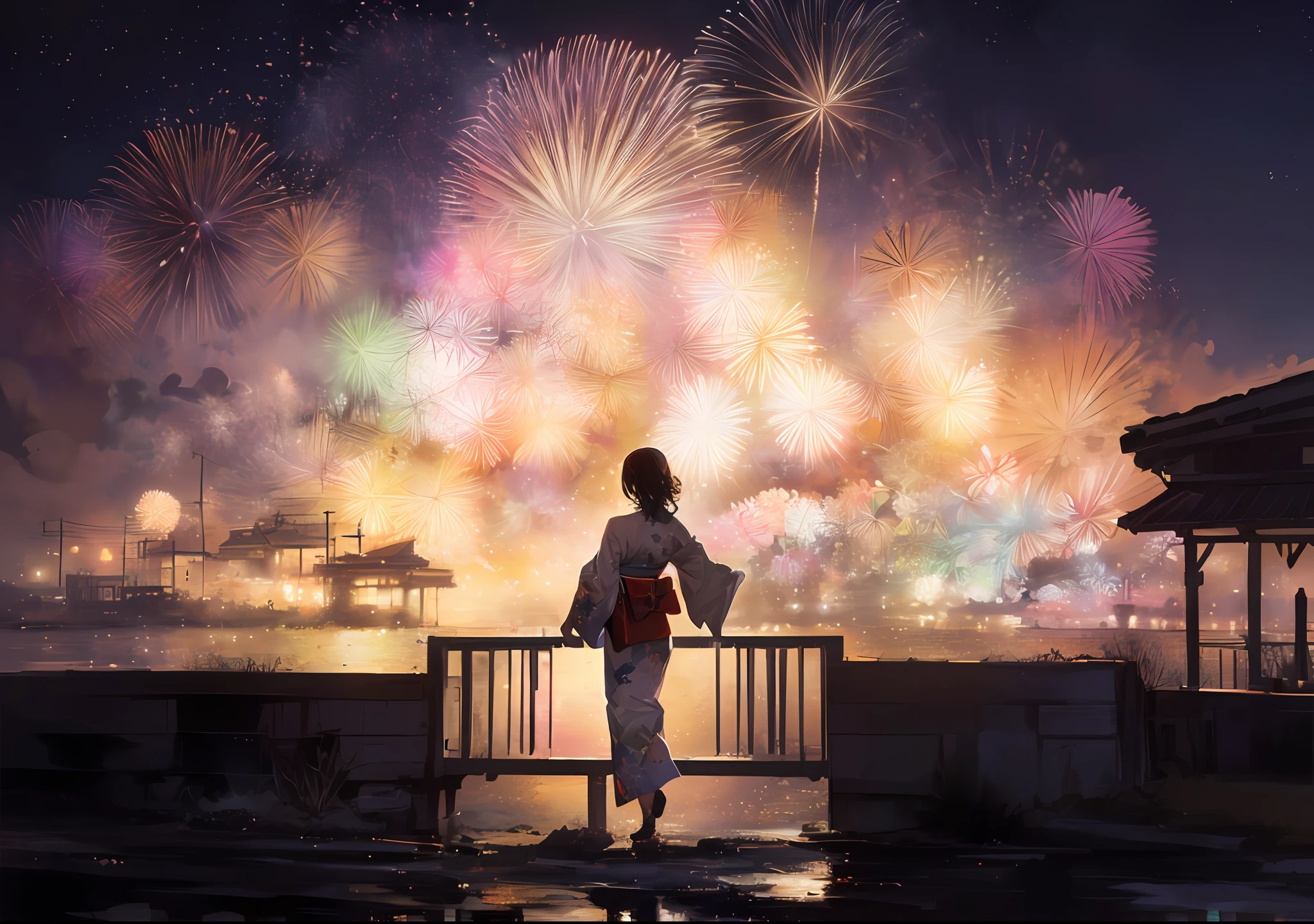 Fireworks over a woman in kimono sitting on a bridge, makoto shinkai cyril rolando, inspired by Cyril Rolando, Fireworks, celebrating, sparklers, cyril rolando and goro fujita, Fireworks in the background, [ Fireworks in the sky ]!!, wallpaper - 1 0 2 4, in style of cyril rolando, fireworks in background、