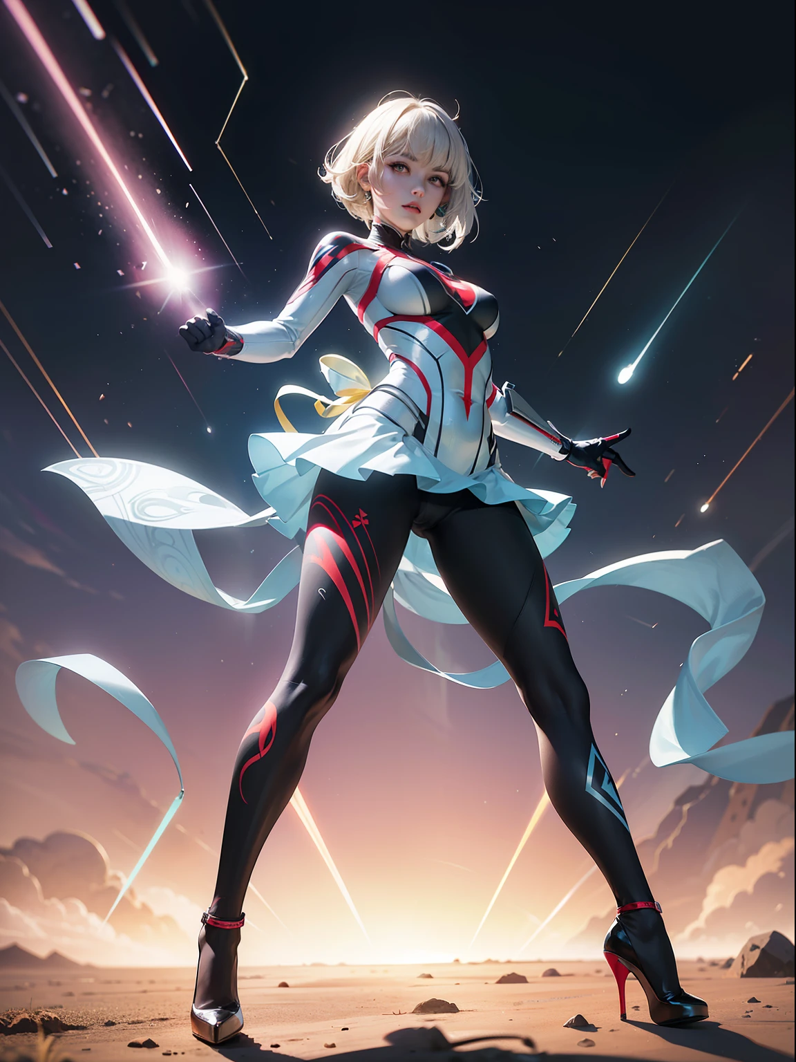 (full body:1.5),(1girl:1.3),(looking at viewer:1.4),(anatomy correct:1.45),(Wearing Printed Fantasy Ultraman tight and pointed high heels ,and Very thick Printed Pantyhose :1.35), (Light particle effect:1.3),(In pink | amarelo | blue colors| green color |red colors | white colors| black in color| purpleish color| greys| Beige| Flesh color 1.4),(Glowing eyes:1.3),(Large amplitude action: 1.3),(Accurate and perfect face:1.4),hyper HD, Ray traching, reflective light,structurally correct, Award-Awarded, high detal, lightand shade contrast, Face lighting,cinmatic lighting, tmasterpiece, super detailing, high high quality, high detal, best qualityer, 16k,high contrast,