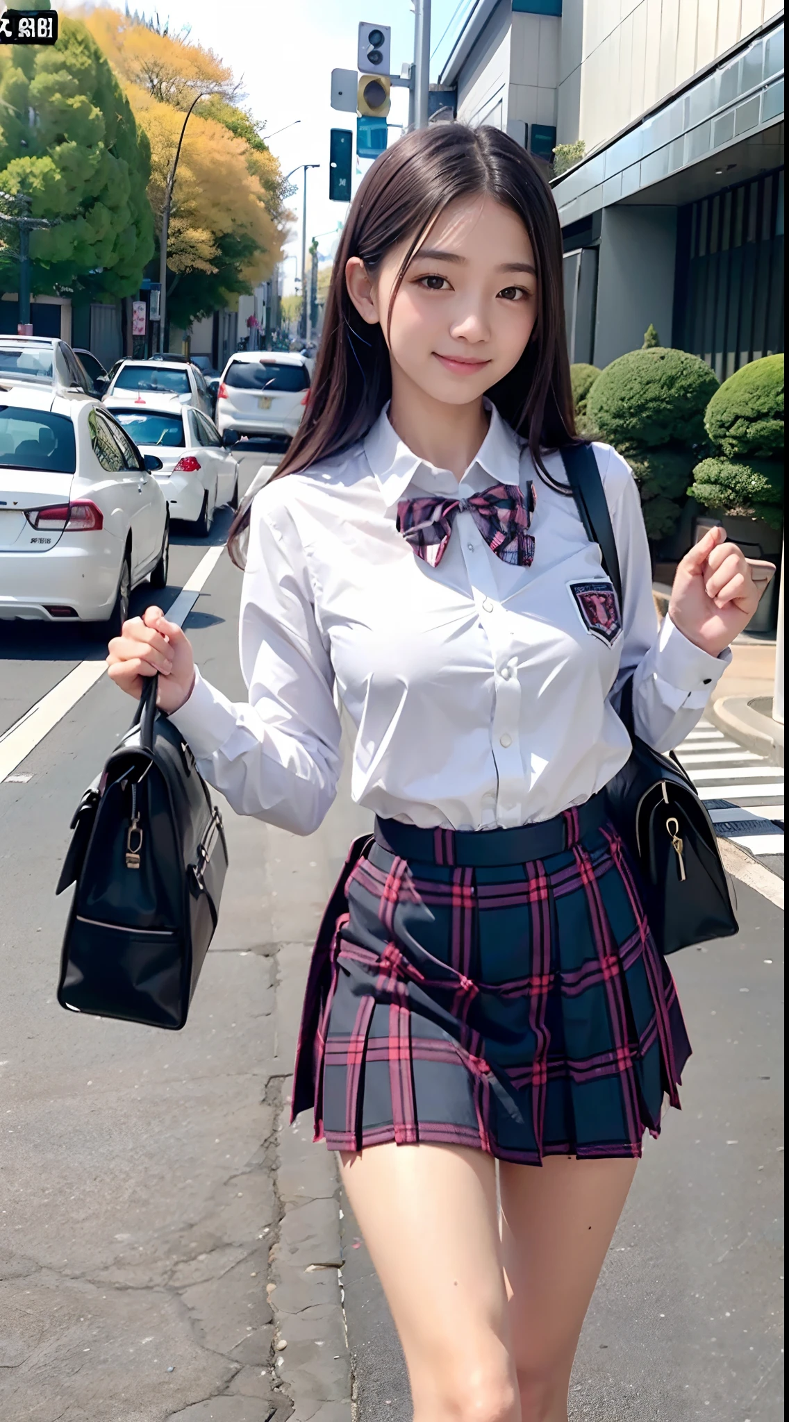 ​masterpiece, magnifica, top-quality、length hair, thoroughness, , 、(**** girl)、ighly detailed, , Roll your eyes、A smile, , sexual excitement、Sex Expressions、shinny skin、In the street、traffic jam、((Open the uniform with both hands、High school girl walking with cute bra exposed)),((Japan schoolgirl uniform))、Student Bag、Plaid skirt