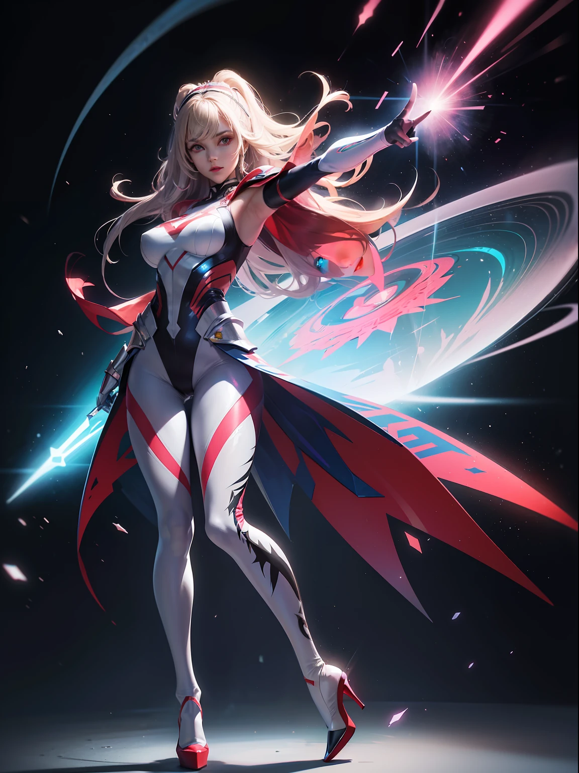 (full body:1.5),(1girl:1.3),(looking at viewer:1.4),(anatomy correct:1.45),(Wearing Printed Fantasy Ultraman tight and pointed high heels ,and Very thick Printed Pantyhose :1.35), (Light particle effect:1.3),(In pink | amarelo | blue colors| green color |red colors | white colors| black in color| purpleish color| greys| Beige| Flesh color 1.4),(Glowing eyes:1.3),(Large amplitude action: 1.3),(Accurate and perfect face:1.4),hyper HD, Ray traching, reflective light,structurally correct, Award-Awarded, high detal, lightand shade contrast, Face lighting,cinmatic lighting, tmasterpiece, super detailing, high high quality, high detal, best qualityer, 16k,high contrast,