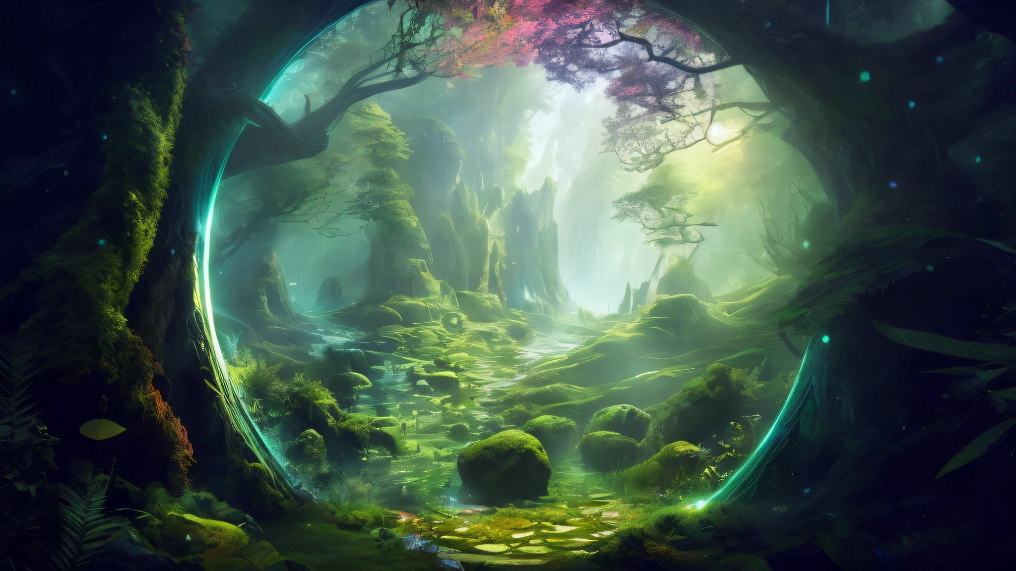 a view of a forest with a path through it, Arte de fantasia grande angular, lush alien landscape, paisagem de fantasia impressionante, mundo coberto de fantasia, paisagem da floresta da fantasia, Portal Florestal, 8k arte impressionante, mystical fantasy landscape, symmetrical fantasy landscape, Arte digital altamente detalhada em 4k, magical atmosphere, epic dreamlike fantasy landscape, paisagem de arte de fantasia, fantasy scenic