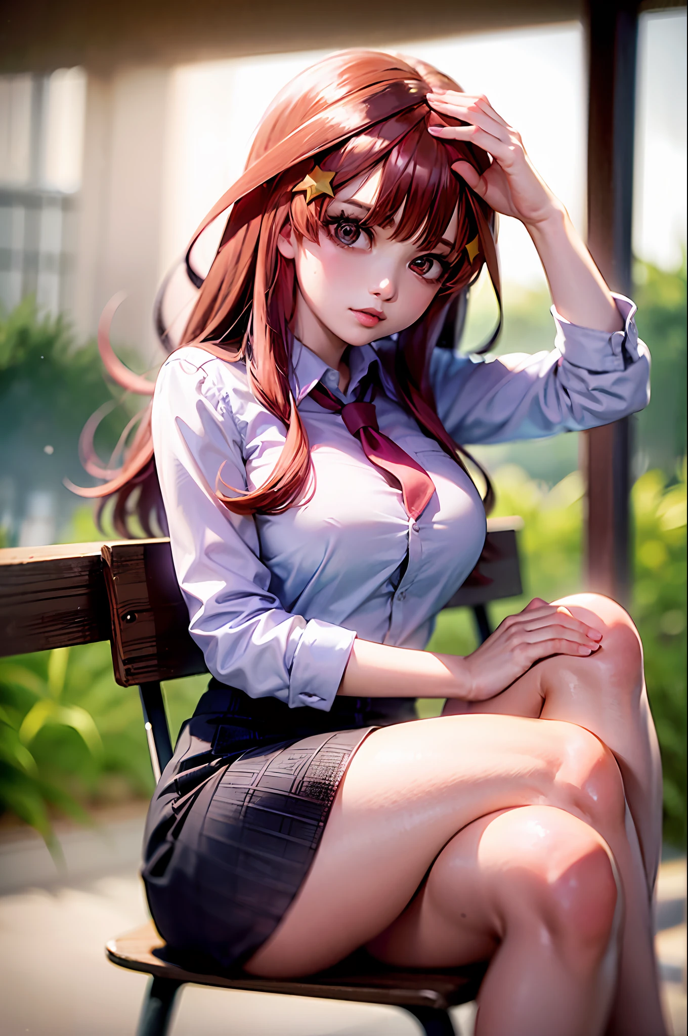 (Prominence in Masterpiece, Best Quality: 1.2), solo, 1 girl, Miku nakano, serious, mouth closed, looking at viewer, hand on face, sitting, legs crossed, collared shirt, tie up, skirt, stockings , big thighs, big breasts)